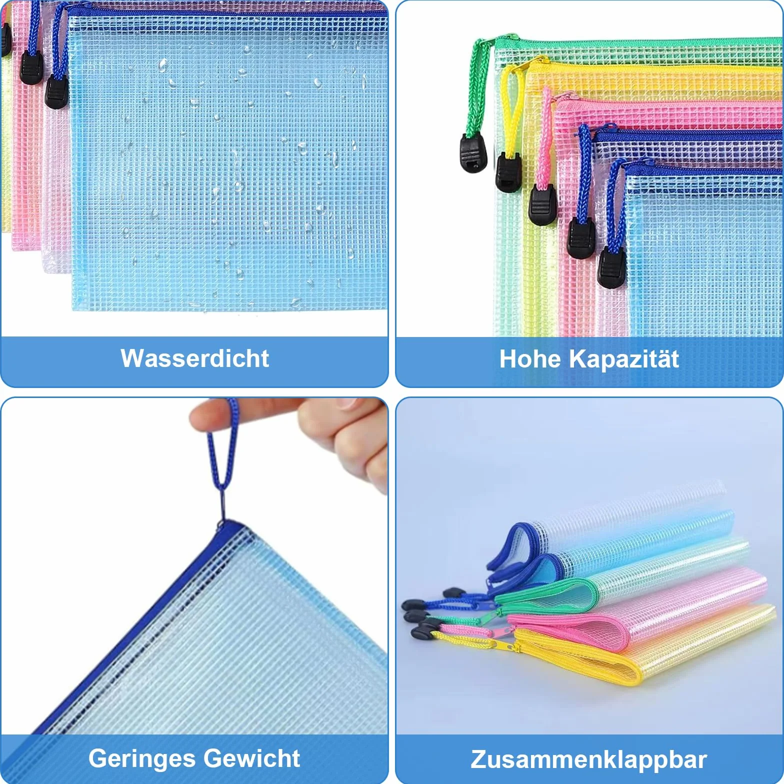 Torba na dokumenty, 15 sztuk, A4 + A5 + A6, z zamkiem błyskawicznym, na przybory biurowe, przybory szkolne, dokumenty, dokumenty, paragony, kosmetyki, 5 kolorów