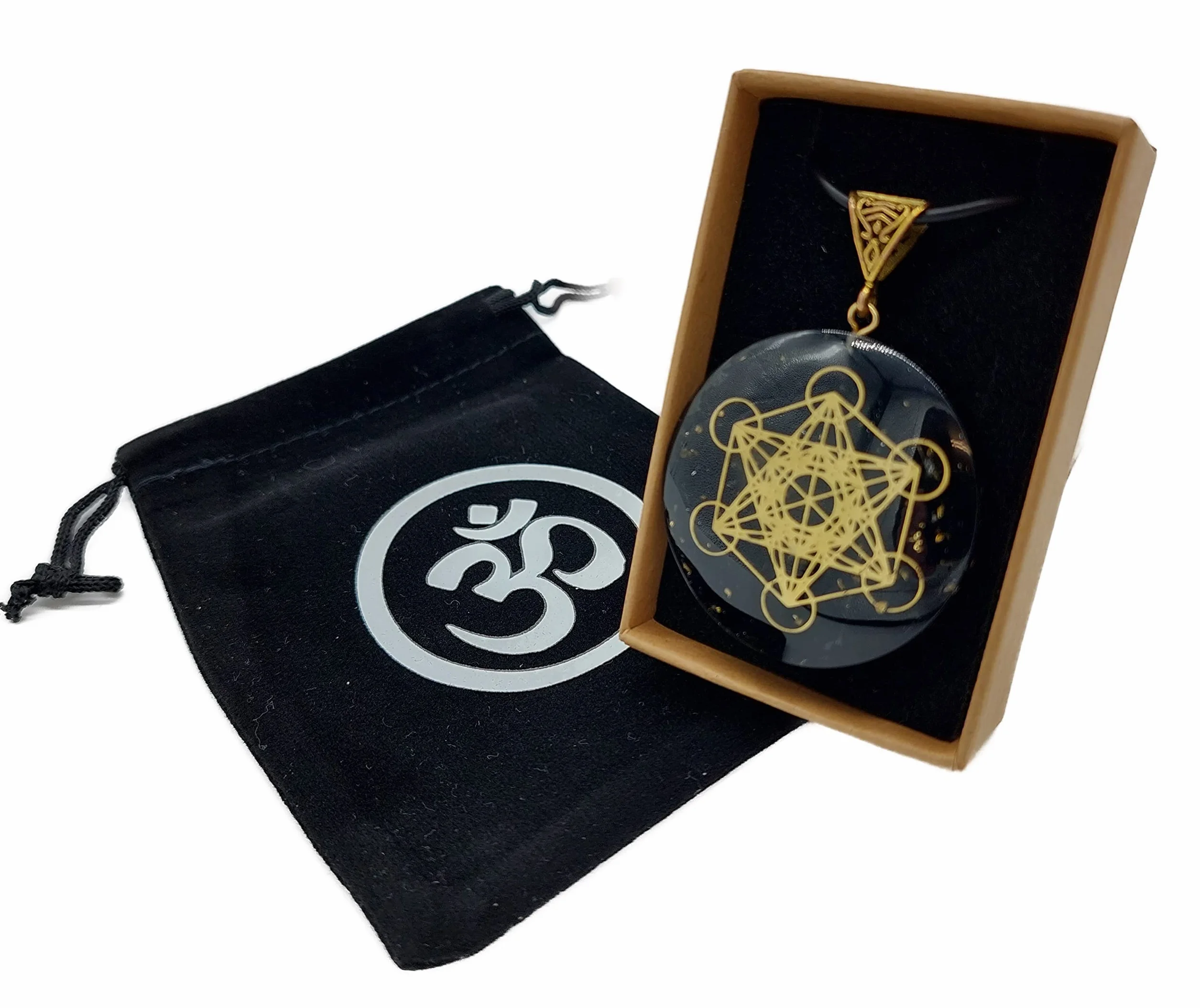 Orgonit czarny turmalin kamień szlachetny czakra amulet okrągły z kostką Metatrons w pudełku na biżuterię | ochrona energii szczęście harmonia, ca. 4 cm Durchmesser, Metal