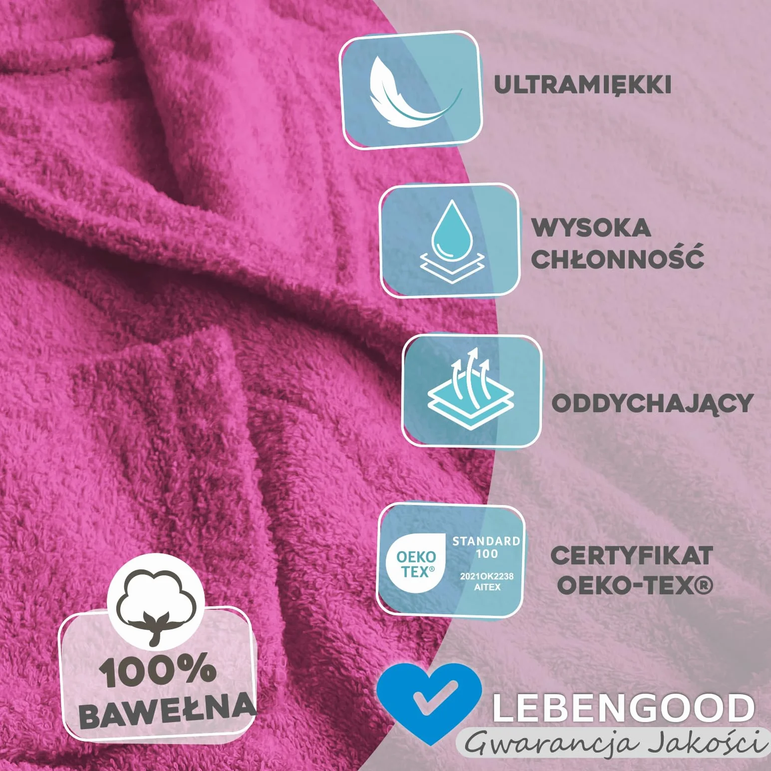 LEBENGOOD Szlafrok damski 100% bawełna OEKO-TEX, ręcznik frotte 450 g/m², szlafroki dla młodzieży, pod prysznic, na basen, szlafrok, unisex