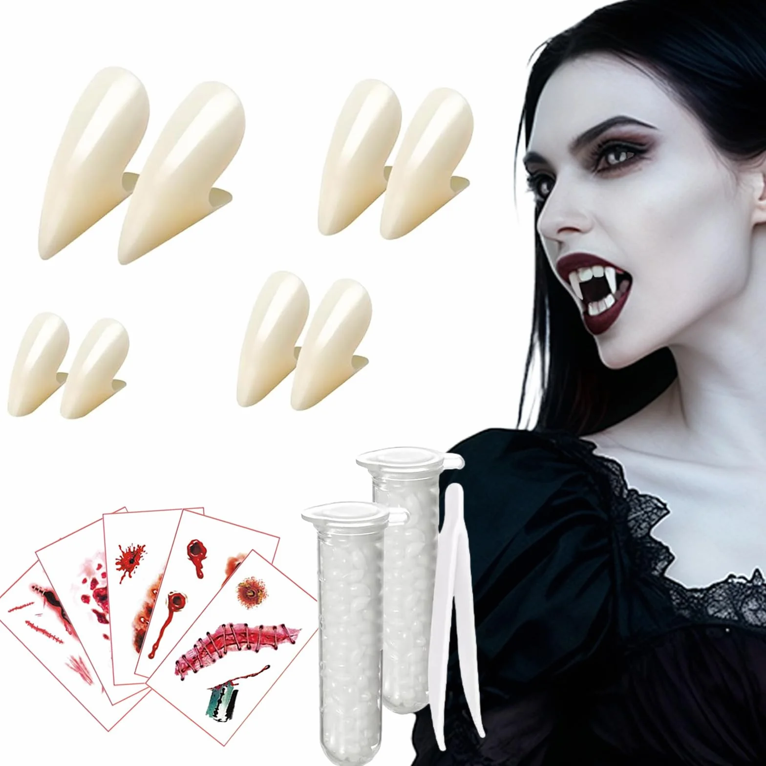 GWAWG 13-częściowy zestaw zębów wampira, na Halloween, karnawał, imprezę, kostium horroru na maskaradę, rekwizyty cosplay, 5 arkuszy tatuaży na Halloween, 4 pary kłów, 2 tubki kleju do zębów w