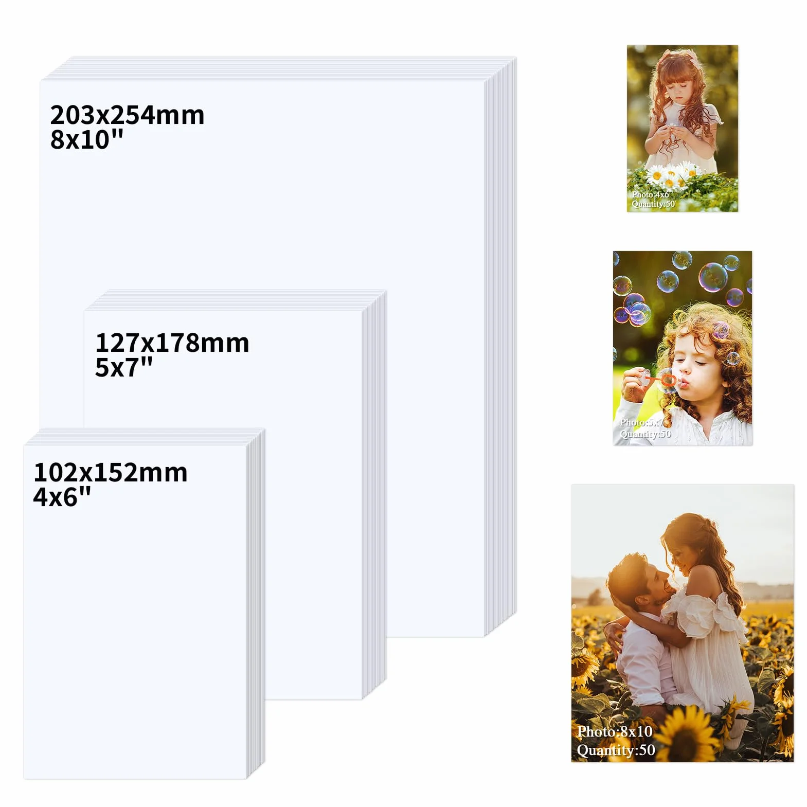 Zestaw 150 arkuszy mieszanego papieru fotograficznego 10x15cm, 13x18cm, 20x25cm - 50 arkuszy każdego formatu, 200g/㎡