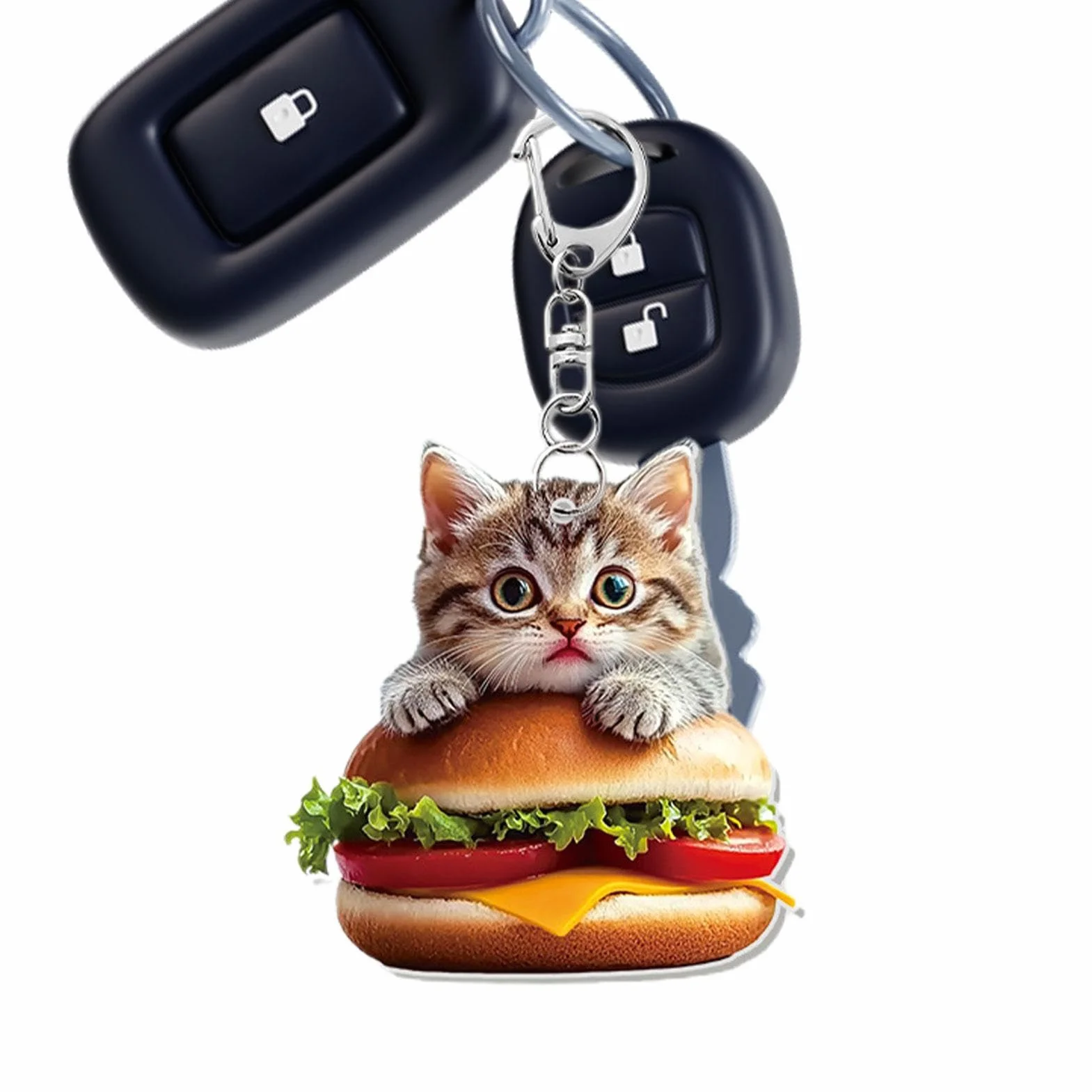 Breloczek do kluczy z motywem kota z hamburgerem, zawieszka do torby na żywność, symulacja kociaka, breloczek do kluczy z klipsem, akrylowy breloczek do torebki, zabawny breloczek do kluczy do Rucksy