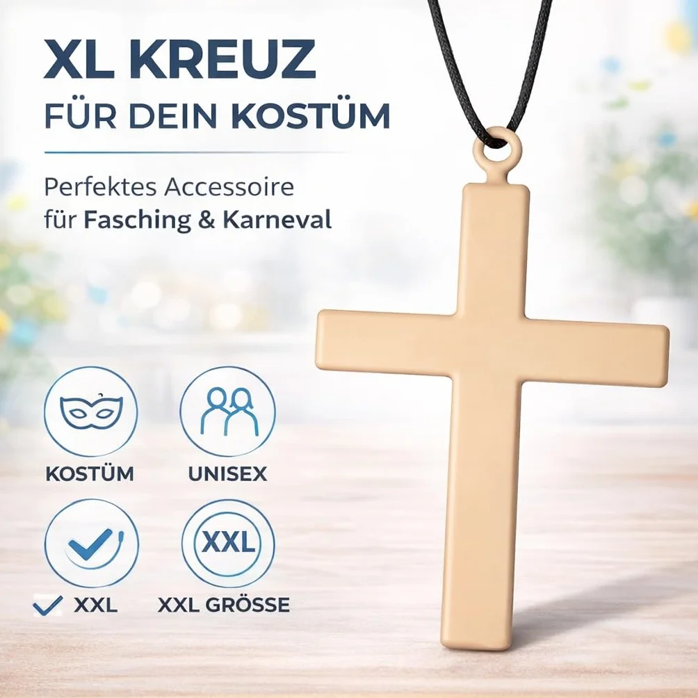Naszyjnik z krzyżem XXL z dużym krzyżem jako dodatek do kostiumu na karnawał dla kobiet i mężczyzn zakonnica ksiądz mnich duchowny