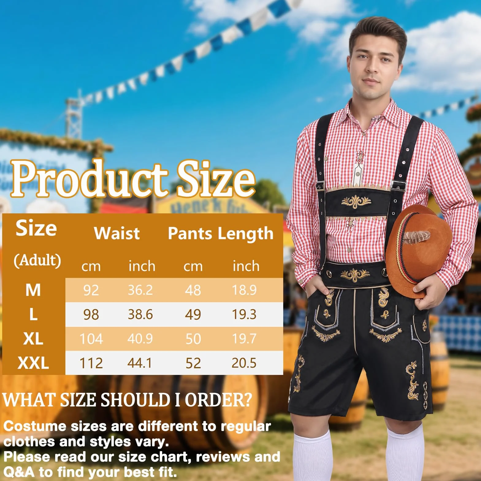 Strój męski na Oktoberfest, bawarski tradycyjny strój męski na Oktoberfest z tradycyjnymi skórzanymi spodniami, kapeluszem i skarpetkami na karnawałową imprezę cosplay (Czarny, L)