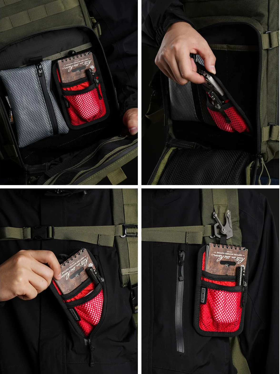 TACTICAL_GEEK TCM4 Mini tablica organizacyjna EDC, akcesoria do plecaka z gładkim hakiem tylnym panelem, panel modułowy z otwartą kieszenią i kieszenią siatkową, czerwony