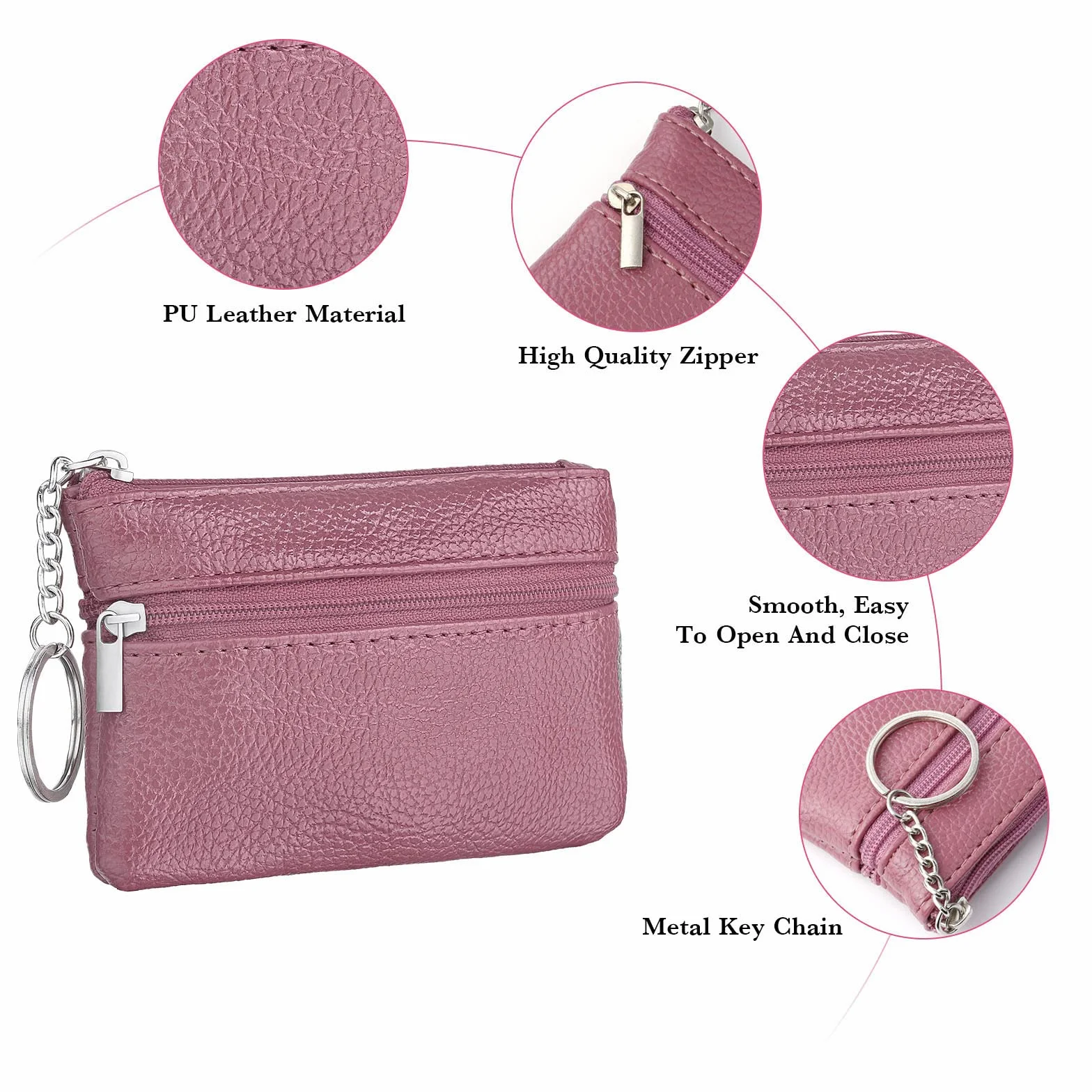 Aucuu Skórzany portfel na zamek błyskawiczny, etui na karty i klucze, damski, mini, z 3 przegródkami i brelokiem, 12 x 8 cm, Różowy, 12x8cm, Pink
