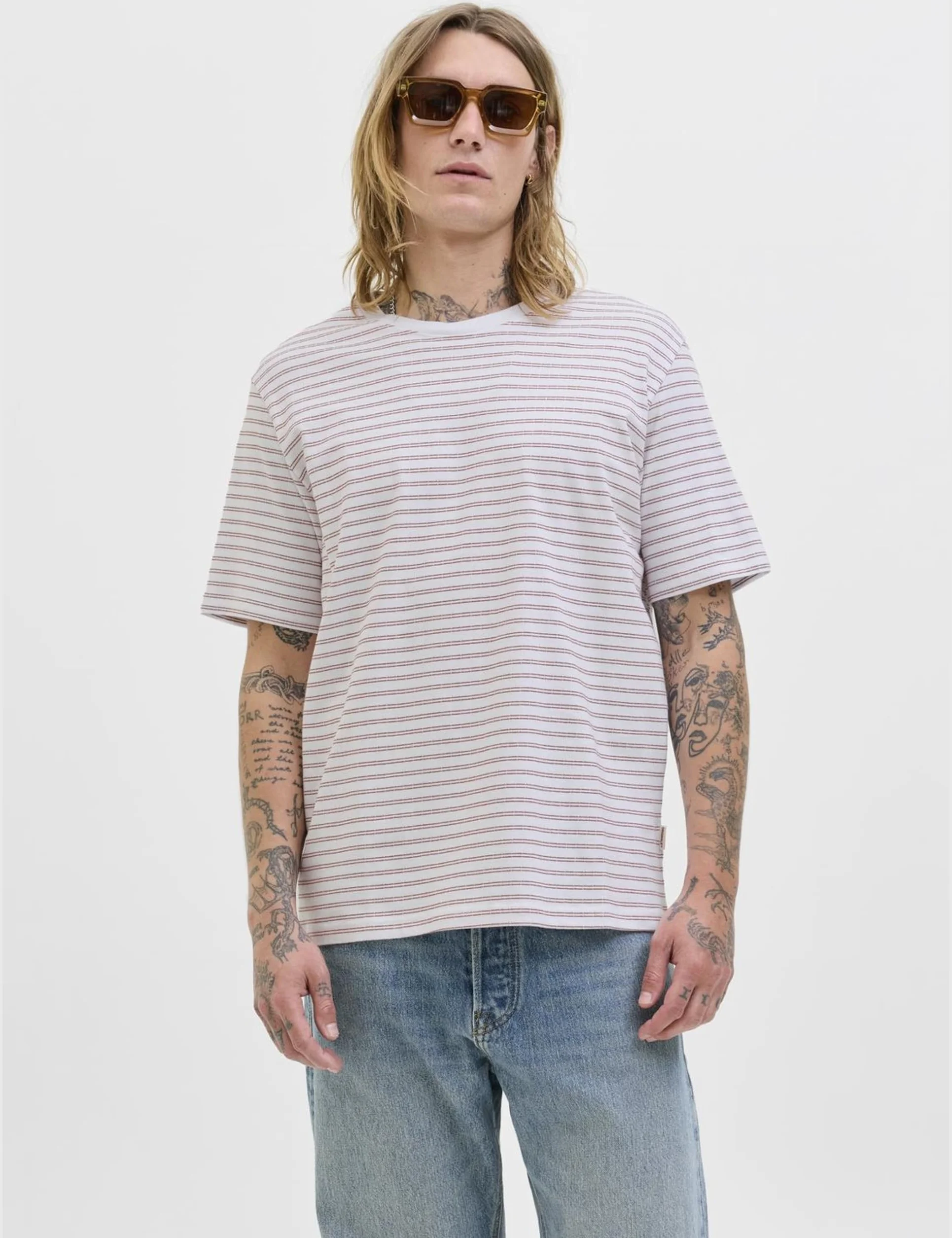 JACK & JONES Koszulka męska Jorcanggu Stripe Tee SS Crew Neck, Bright White, M