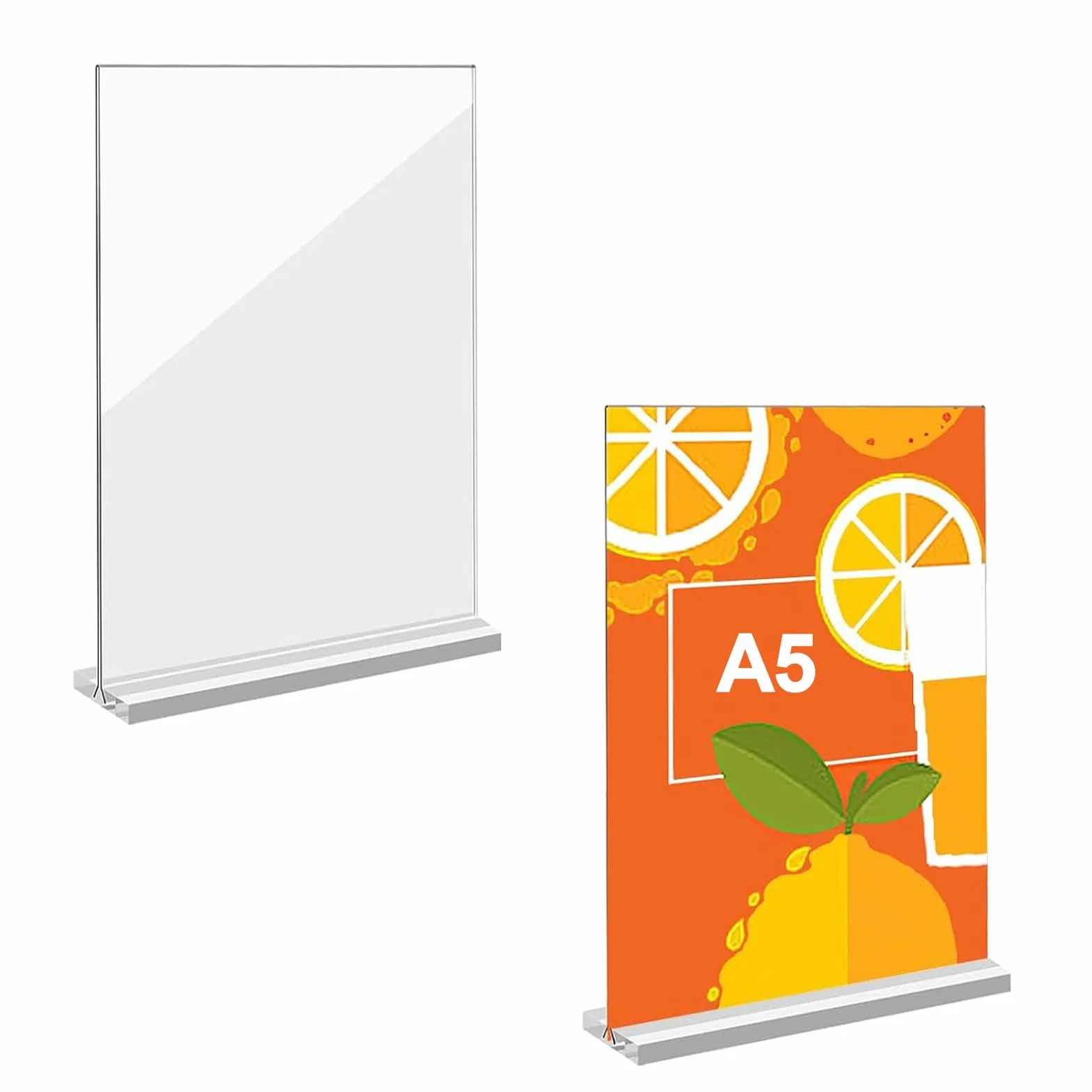 A5 akrylowy uchwyt na tabliczki, 2 sztuki, akrylowy stojak stołowy, stojak T, dwustronny, pionowy, przezroczysty stojak na zdjęcia, do domu, biura, handlu detalicznego, targów