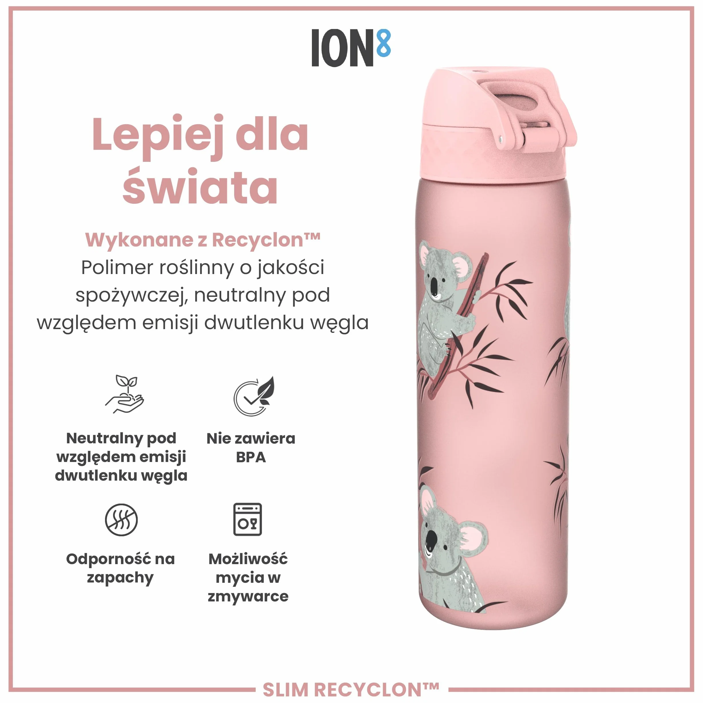 ION8 Butelka na Wodę, 500 ml/18 oz, Szczelna, Łatwe Otwieranie, Bezpieczny Zamek, Można Myć w Zmywarce, Bez BPA, Higieniczne Pokrycie, Uchwyt do Przenoszenia, Łatwa Czyszczenie, Bezwonny, Koale