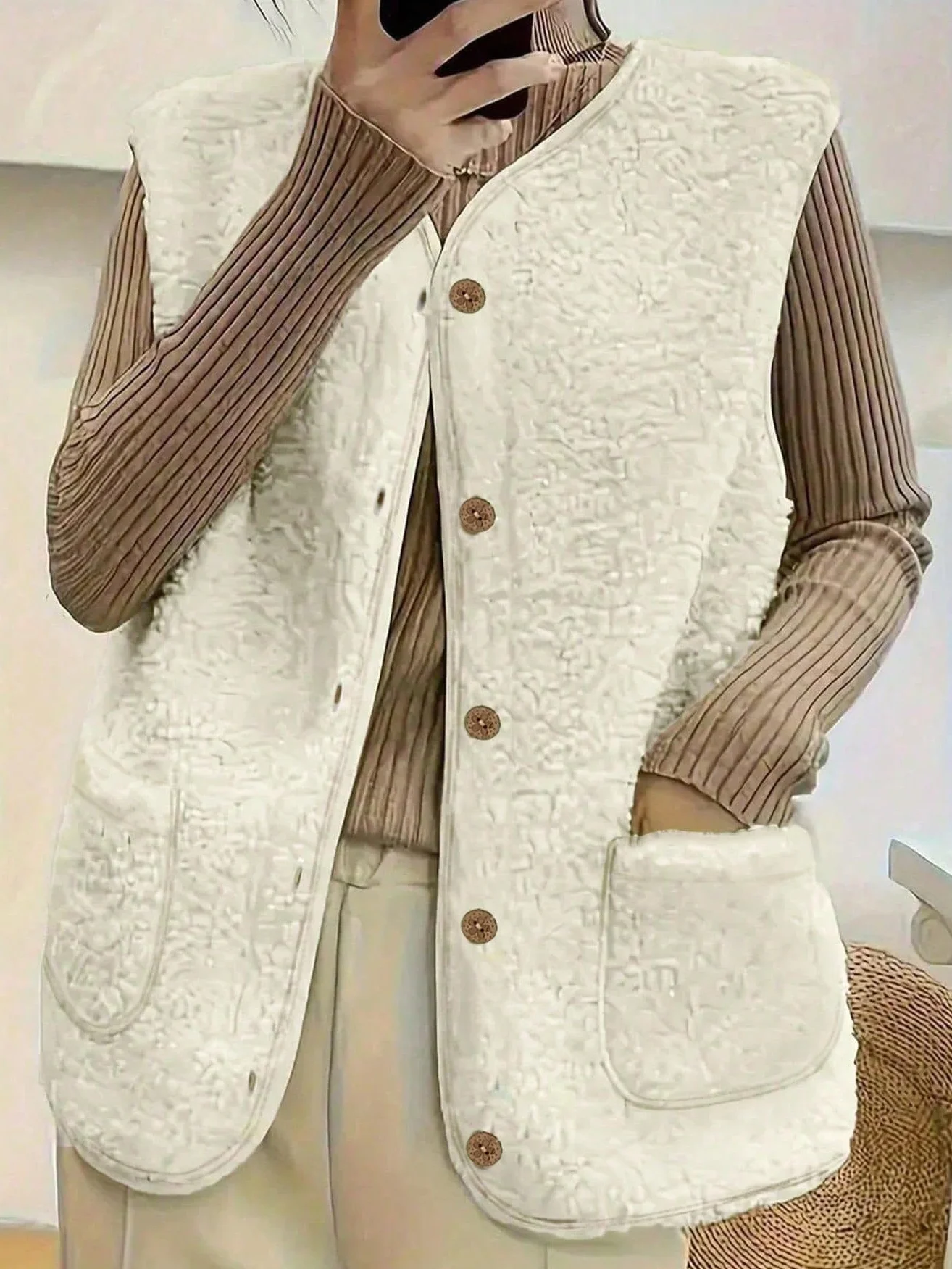 Damska kamizelka bez rękawów Teddy Fleece Dekolt w serek Krótka kamizelka polarowa z guzikami i kieszeniami pikowana kamizelka termiczna ciepła praktyczna kamizelka do układania
