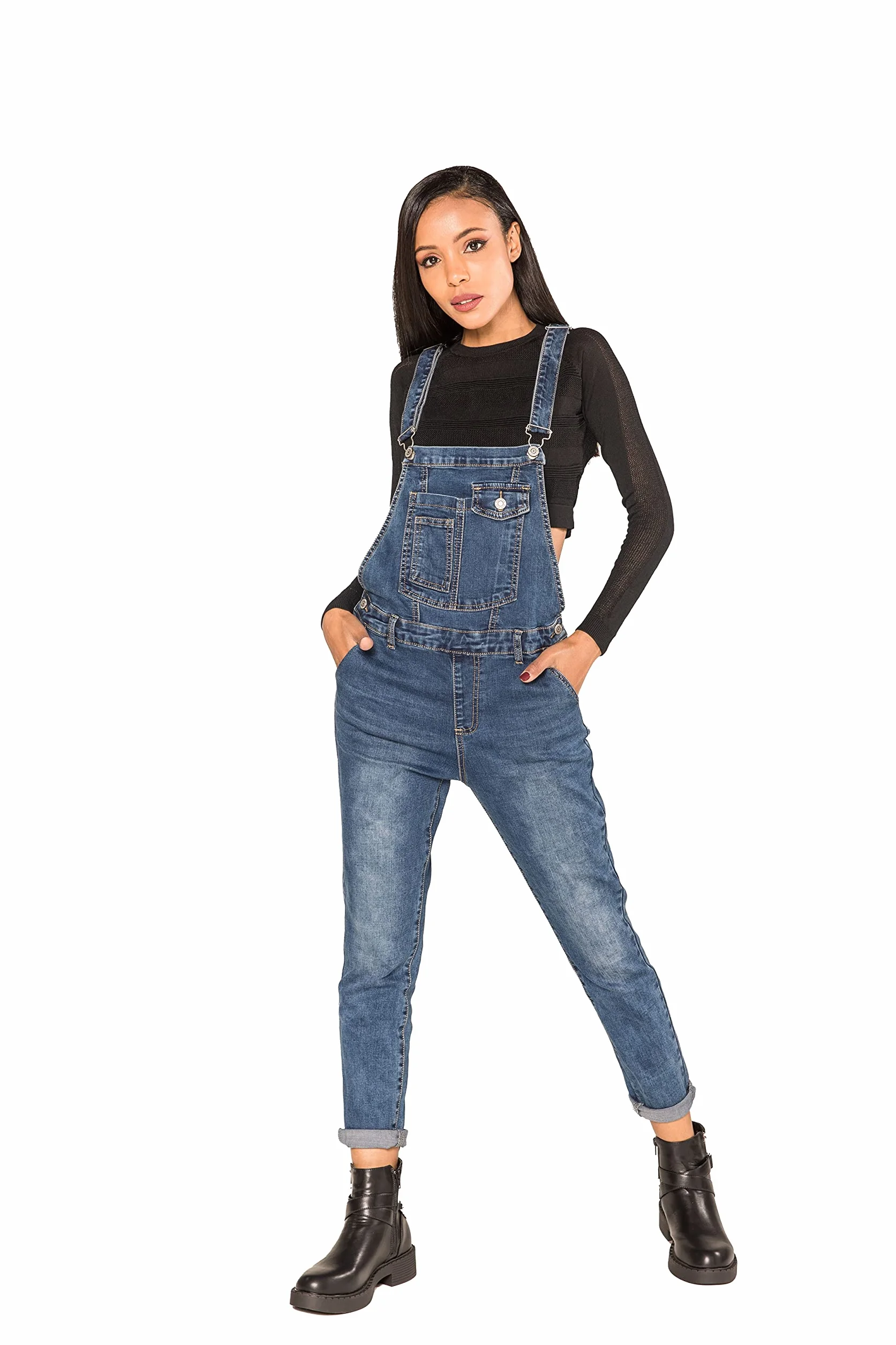 Nina Carter Damskie spodnie ogrodniczki Jeans Boyfriend Denim kombinezon kombinezon used look kombinezon letni