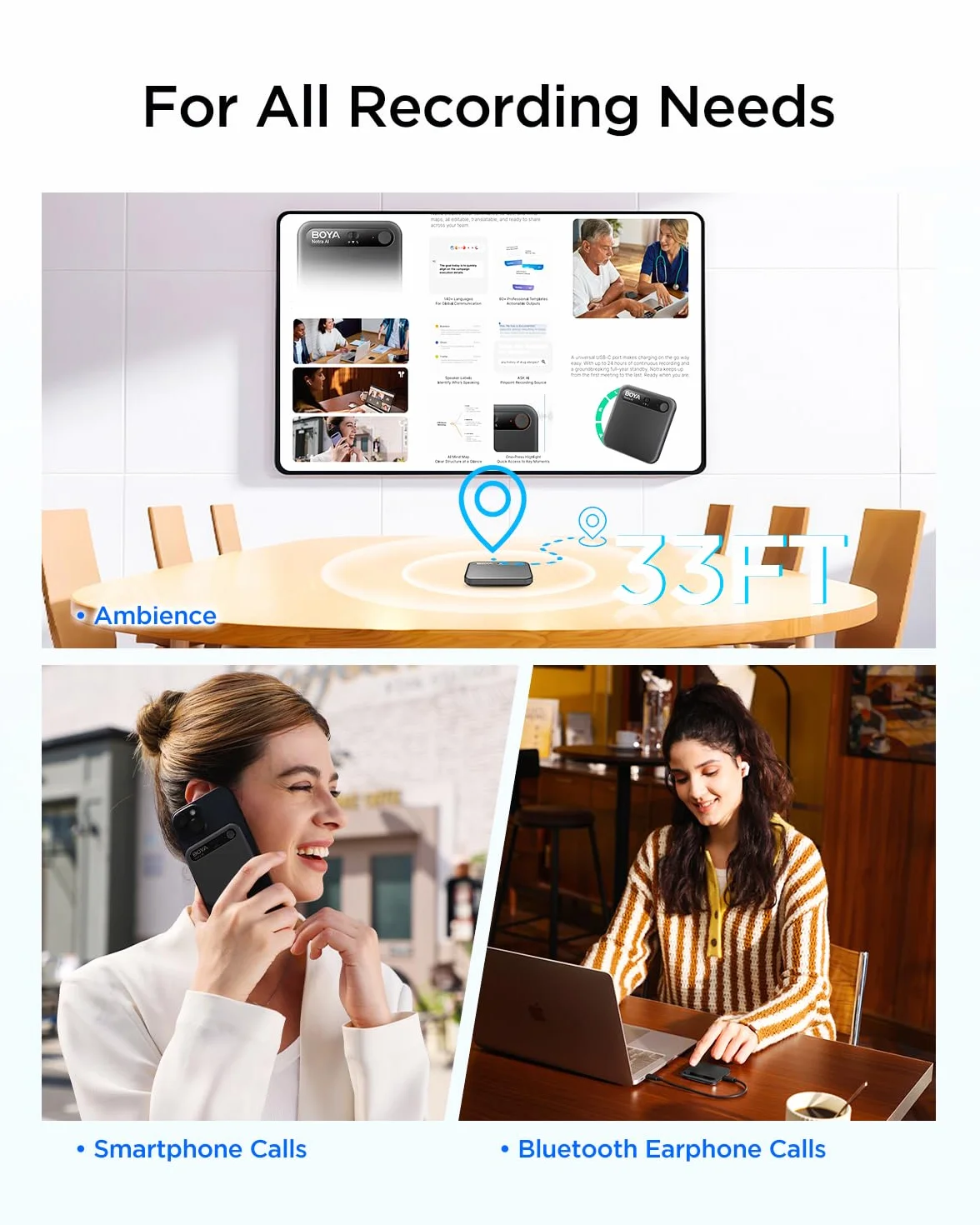 BOYA Notra AI Voice Recorder, 3 tryby przechwytywania – atmosfera/rozmowy telefoniczne/Bluetooth, transkrypcja AI i inteligentne podsumowanie, obsługa ponad 140 języków, 64 GB pamięci, magnetyczny