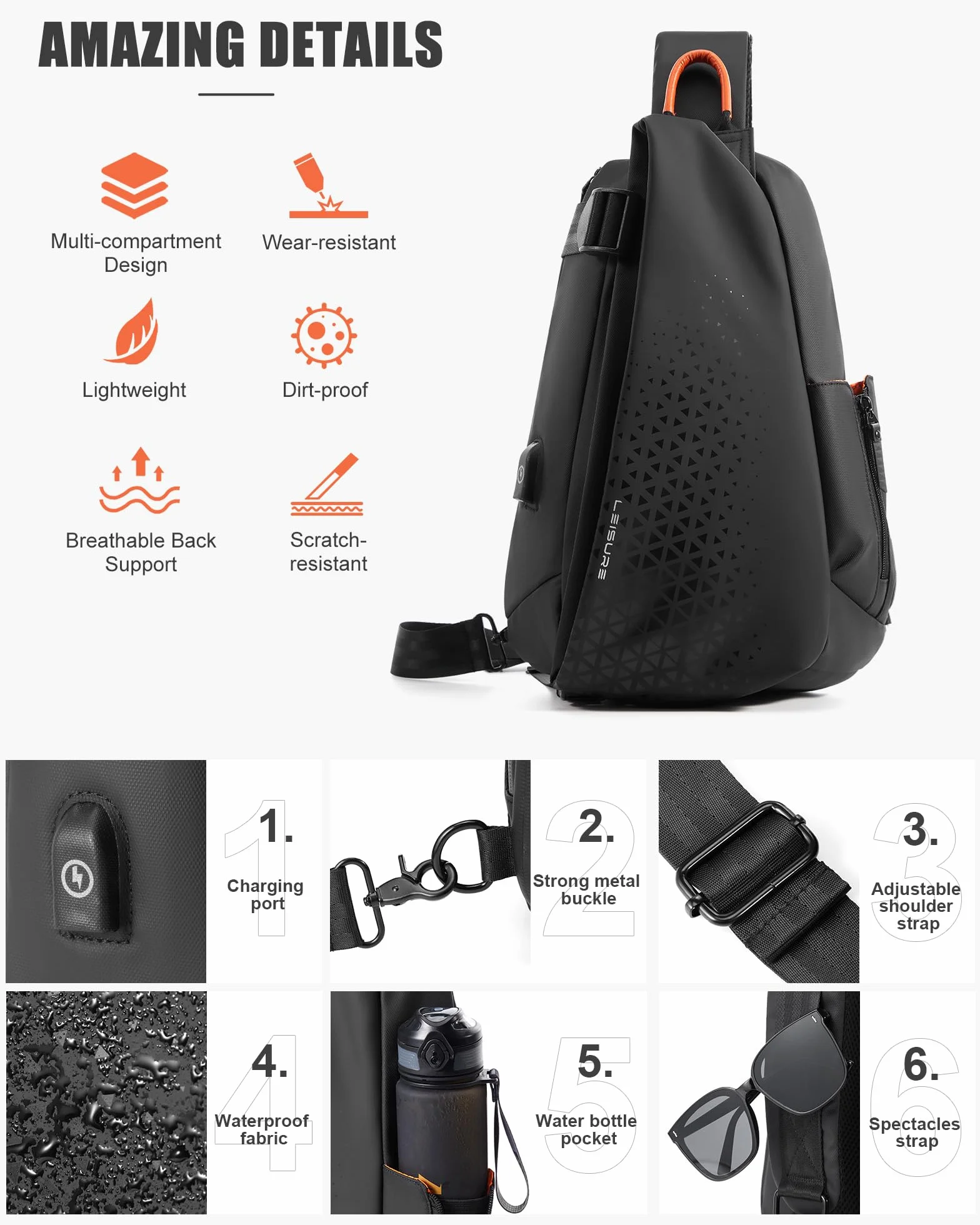 SZSYCN Torba na ramię Torba na klatkę piersiową Cross Body Torba na ramię dla mężczyzn Wodoodporna torba na klatkę piersiową z portem ładowania USB Torba męska dla biegacza