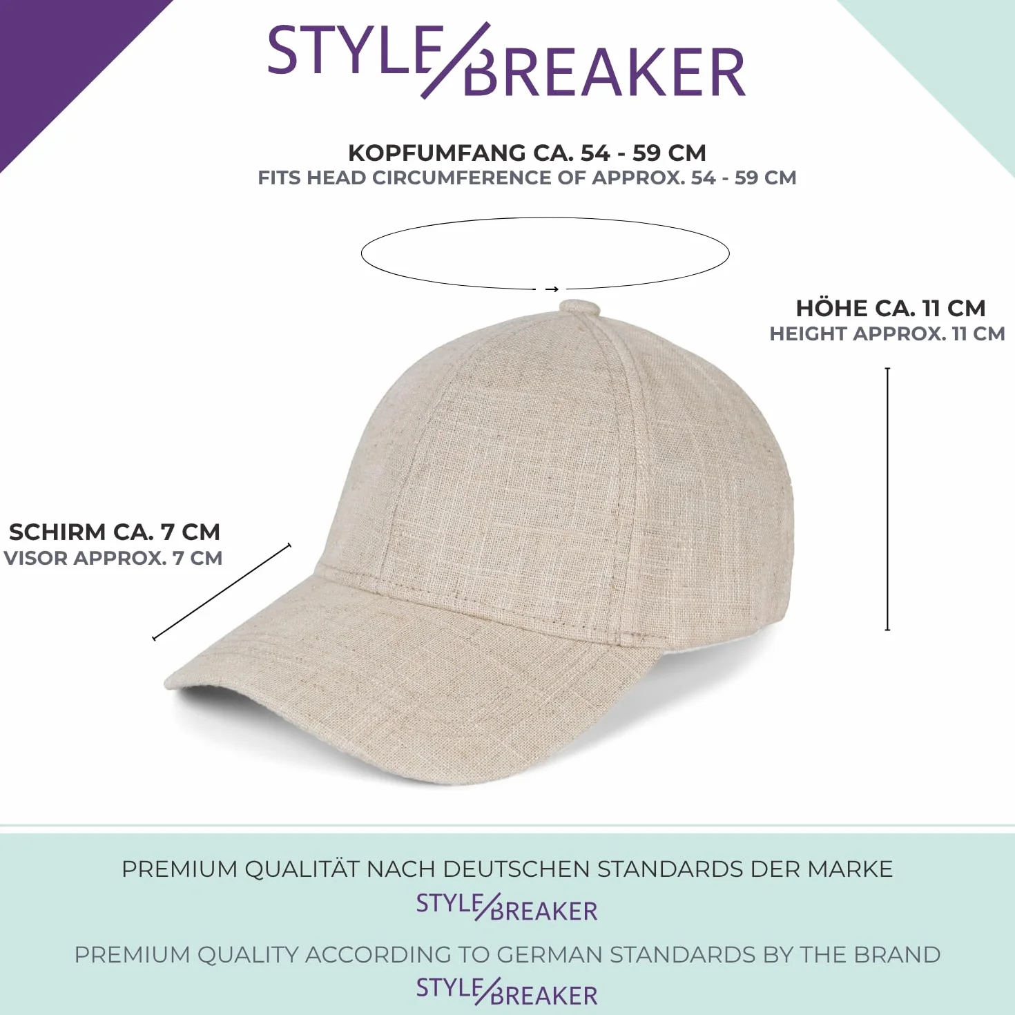 styleBREAKER Unisex lniana czapka baseballowa jednokolorowa, 6-panelowa czapka z daszkiem, regulowana metalowa klamra 04023089