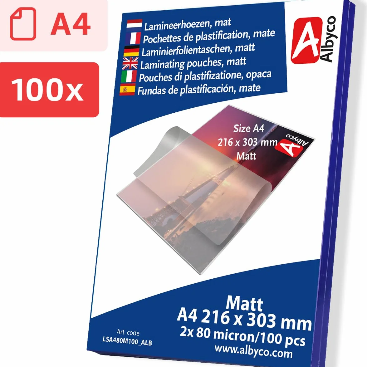 Albyco - Folia do Laminowania MAT A4-100 Sztuk - Grubość: 2x80 Mic (160 mic) - Folia MATTE - Folia do Laminowania A4