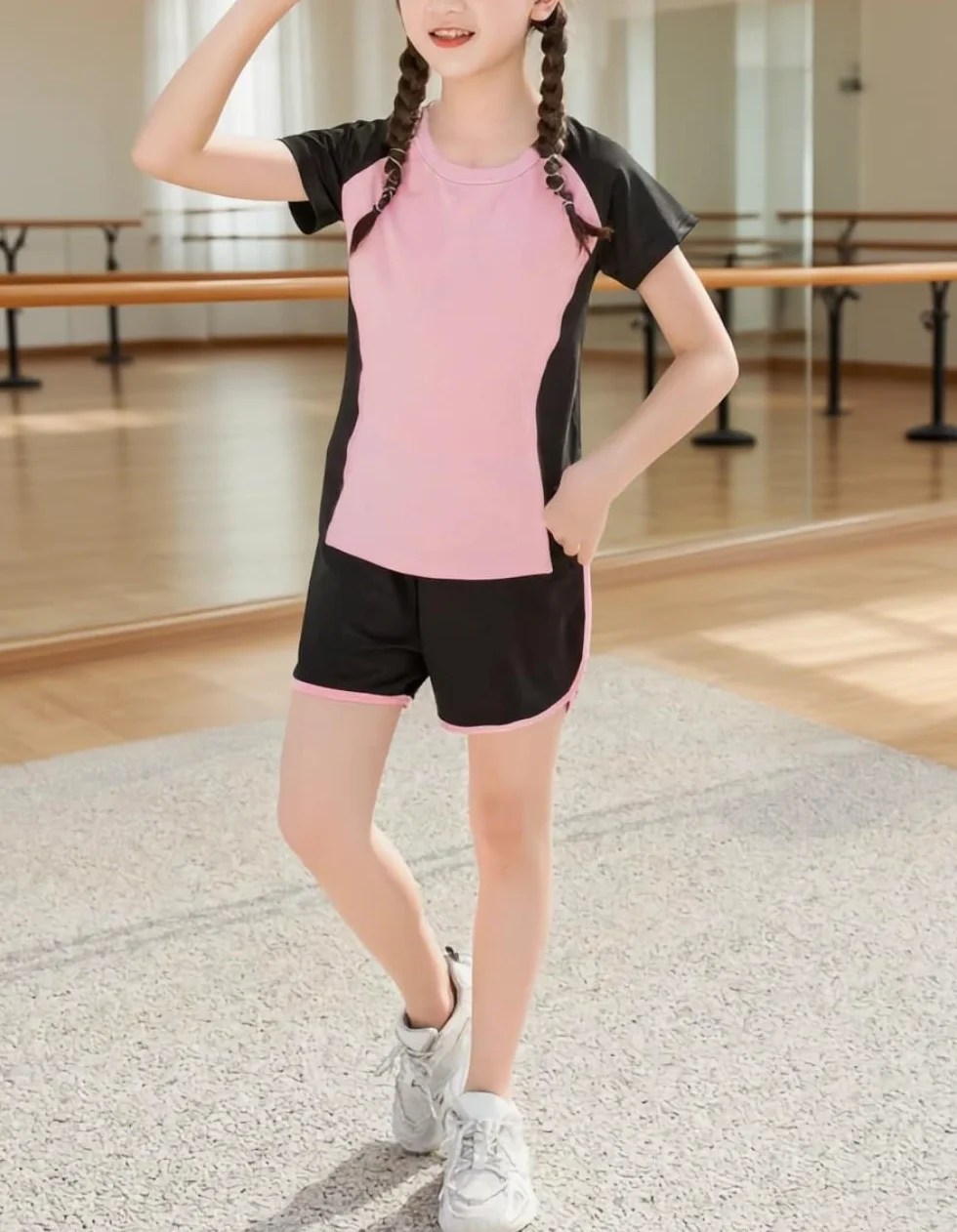Echinodon Dziewczęcy zestaw sportowy, 2-częściowy, szybkoschnący, t-shirt + szorty, dres treningowy do joggingu, jogi, na lato