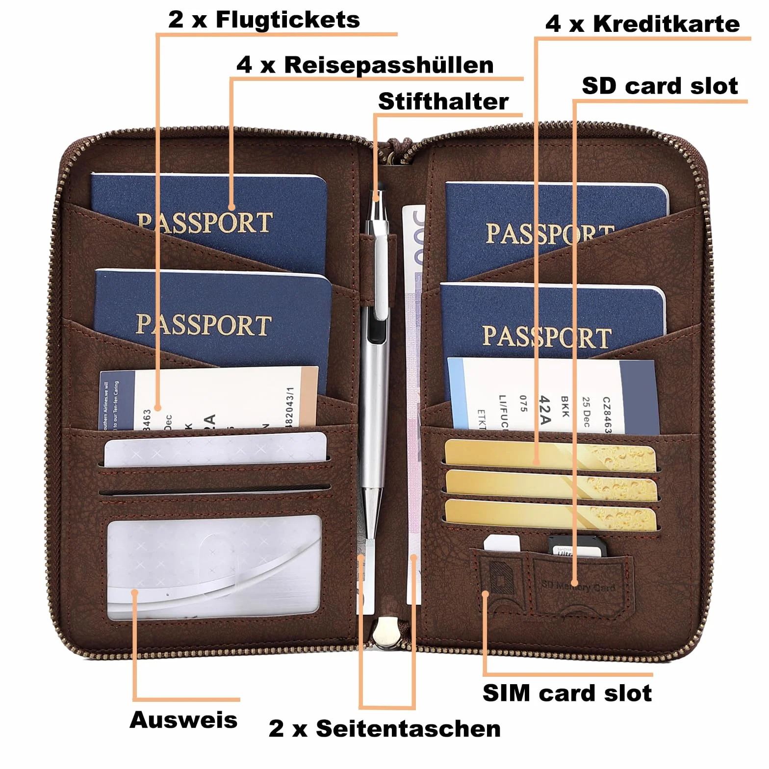 Toctax Torba na paszport, rodzinny organizer podróżny z blokerem RFID, organizer na paszport, etui na paszport dla kobiet i mężczyzn, kawa, 20.2 x 12.7 x 2.5 cm, Nowoczesny