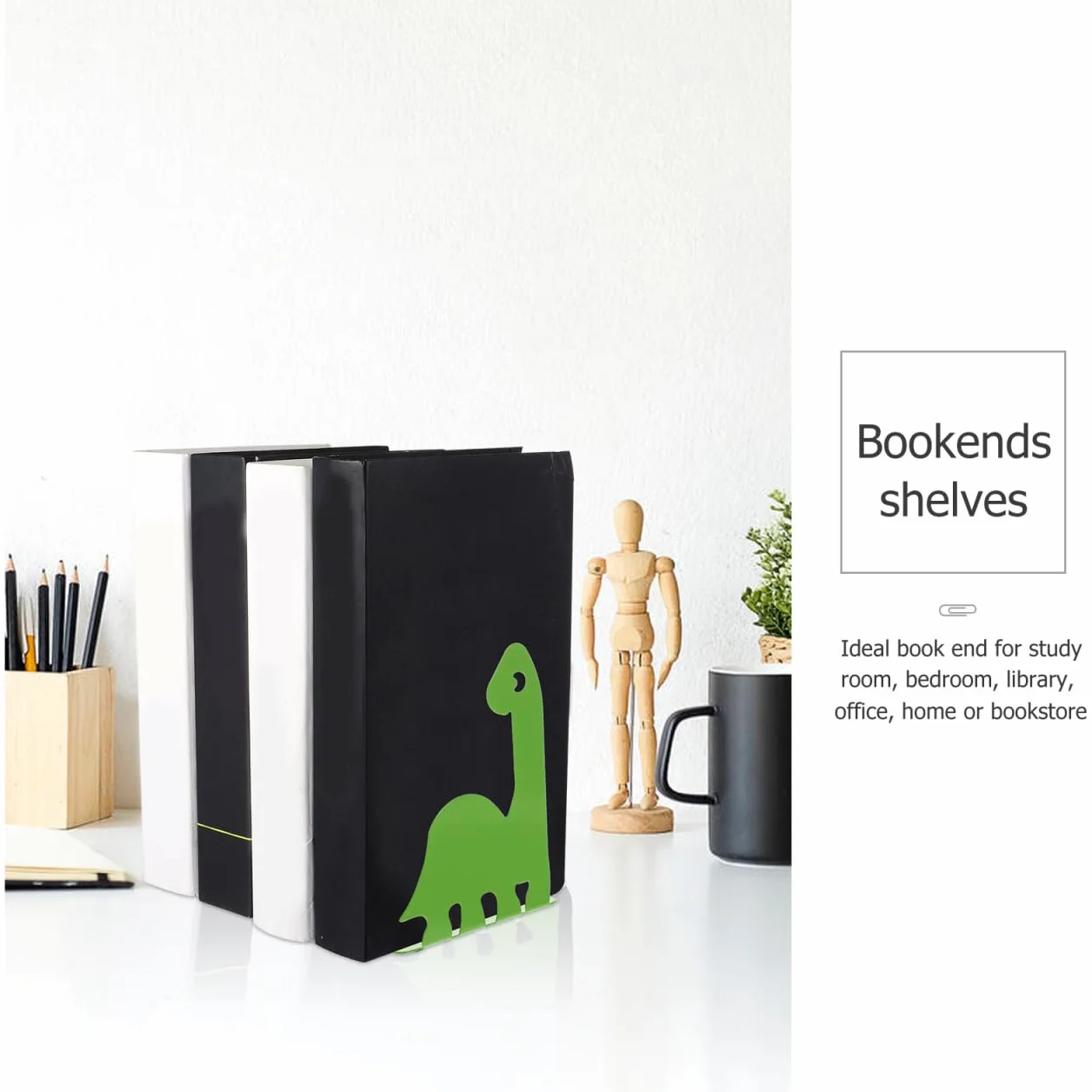 TOYANDONA Podpórki do książek z żelaza, z motywem dinozaura, antypoślizgowe, do książek, na płyty DVD, do biura, biblioteki, szkoły, dekoracja, 1 para, kolor zielony