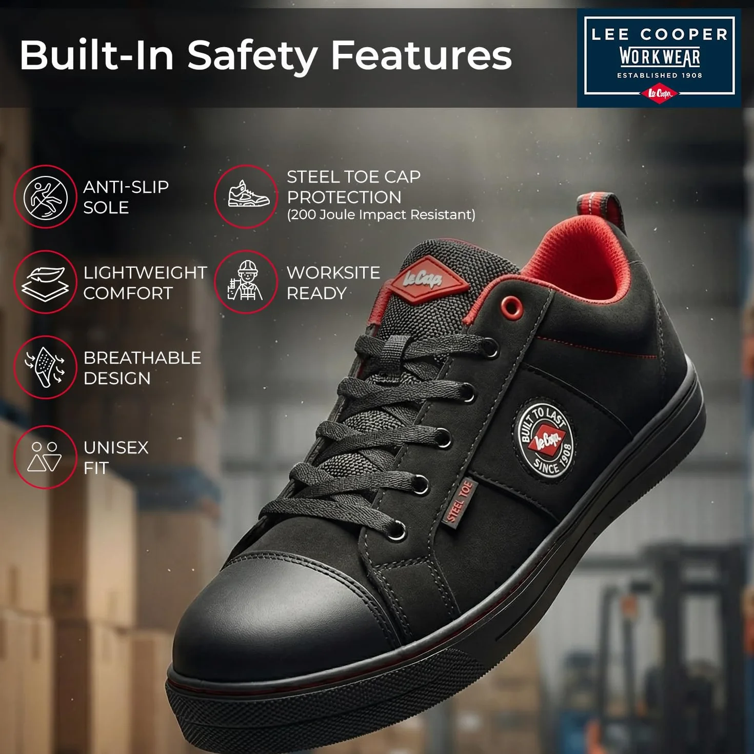 Lee Cooper ‎LCSHOE054 Unisexowe obuwie ochronne robocze SB/SRA w stylu retro baseball nowoczesny design buty robocze BHP, Czarny, 36 EU