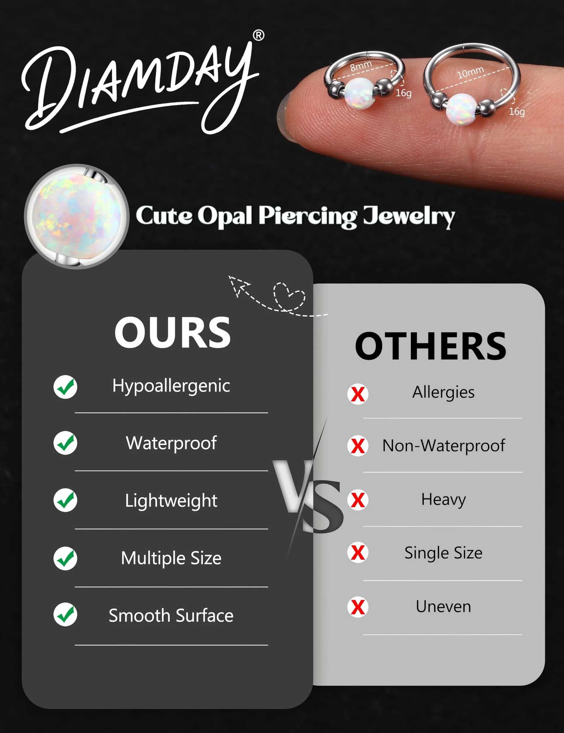 Diamday 2 szt. Helix Piercing biżuteria Helix kolczyk stal chirurgiczna 316L kolczyk do nosa piercing przegrody nosowej srebrne złote kolczyki opal chrząstka muszla tragus Daith Rook, obręcz, piercing