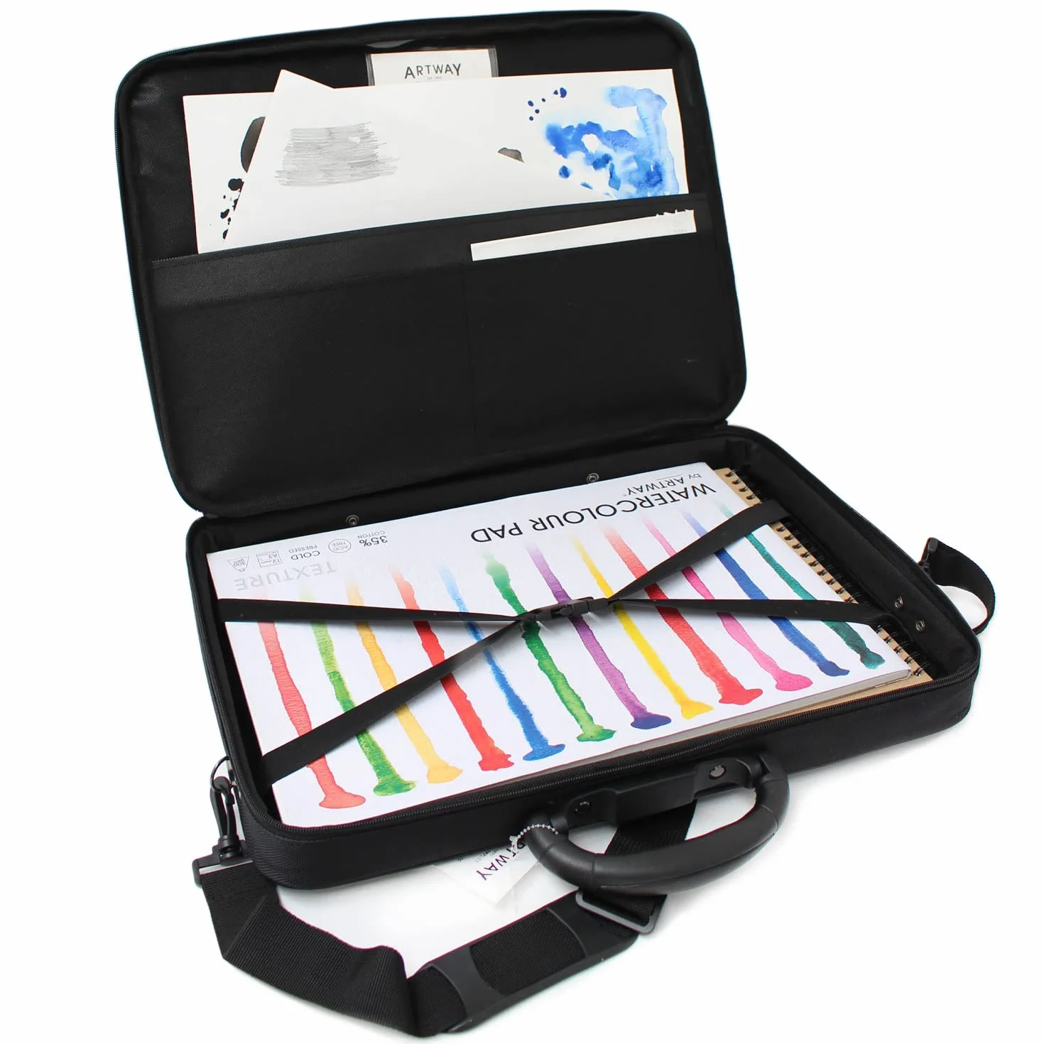 Artway A2 Art Portfolio Case - Teczka do przechowywania sztuki z uchwytem do noszenia/paskiem na ramię, wewnętrzne/zewnętrzne kieszenie i wewnętrzny pasek zabezpieczający (bez pierścieni) - czarne