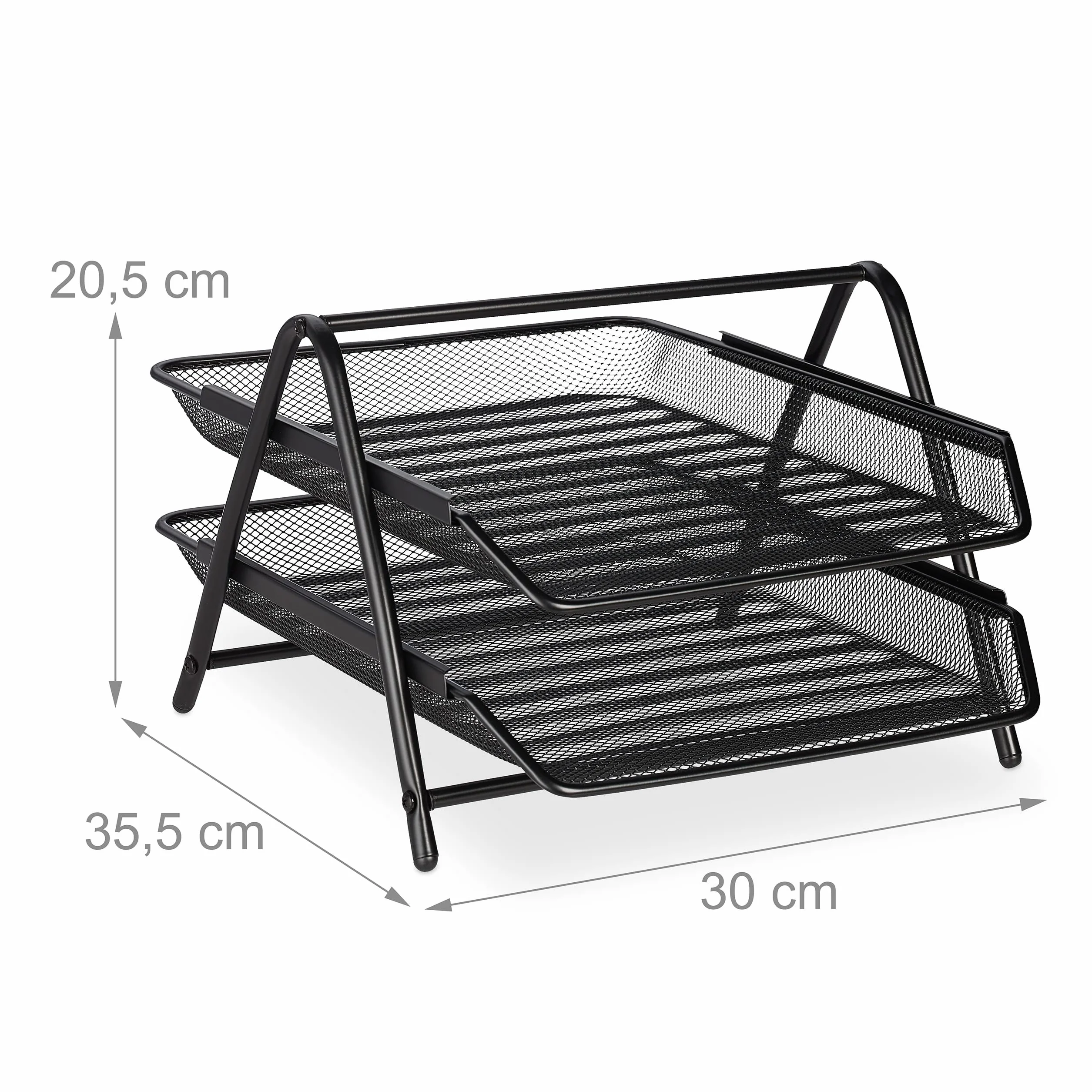 Relaxdays Półka na dokumenty, 2 przegródki, półka biurowa na format A4, wys. x szer. x gł.: 20,5 x 30 x 35,5 cm, siatka metalowa, półka na listy, czarna