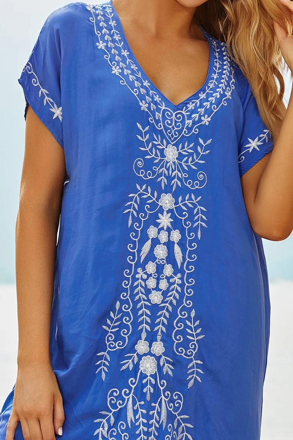 Letnia bawełniana haftowana kwiecista luźna kaftan boho plaża bikini okrycie sukienka plus size szlafrok dla kobiet