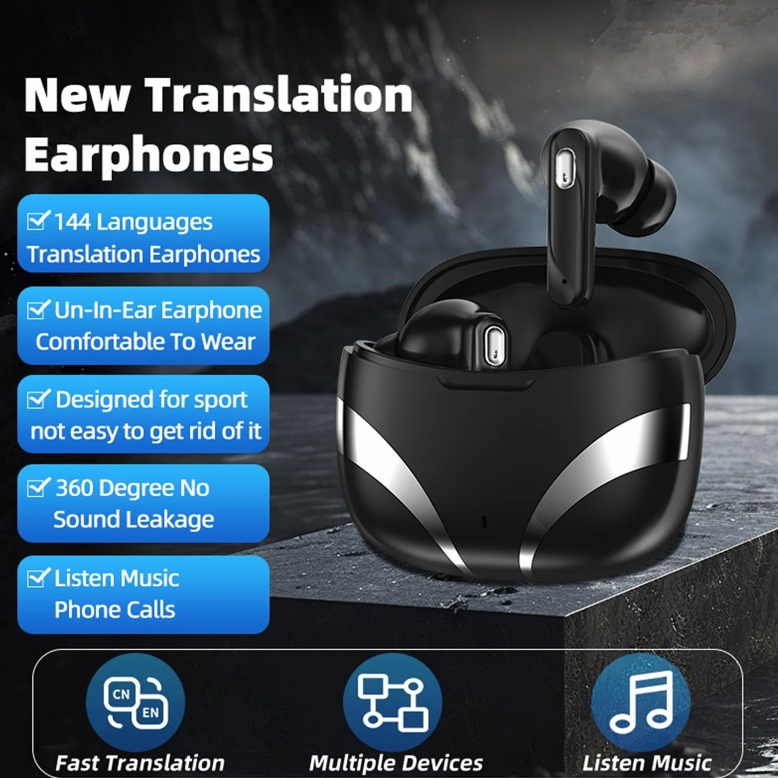 Tłumacz słuchawek, 144 języki w czasie rzeczywistym, słuchawki douszne 5.4 Bluetooth z aplikacją do podróży, biznesu
