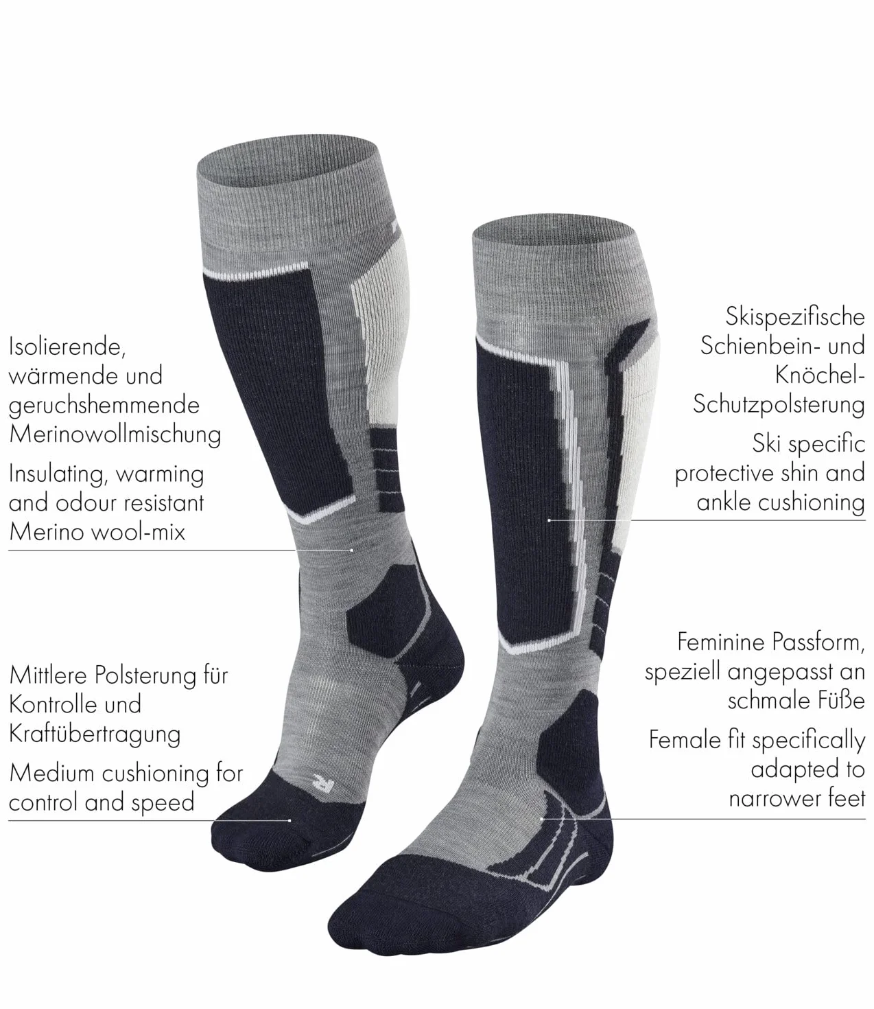 FALKE Kobiety Skarpety narciarskie SK2 Intermediate W Kh Wełna ciepłe grube 1 Para, Czarny Black-Mix 3010, 35-36