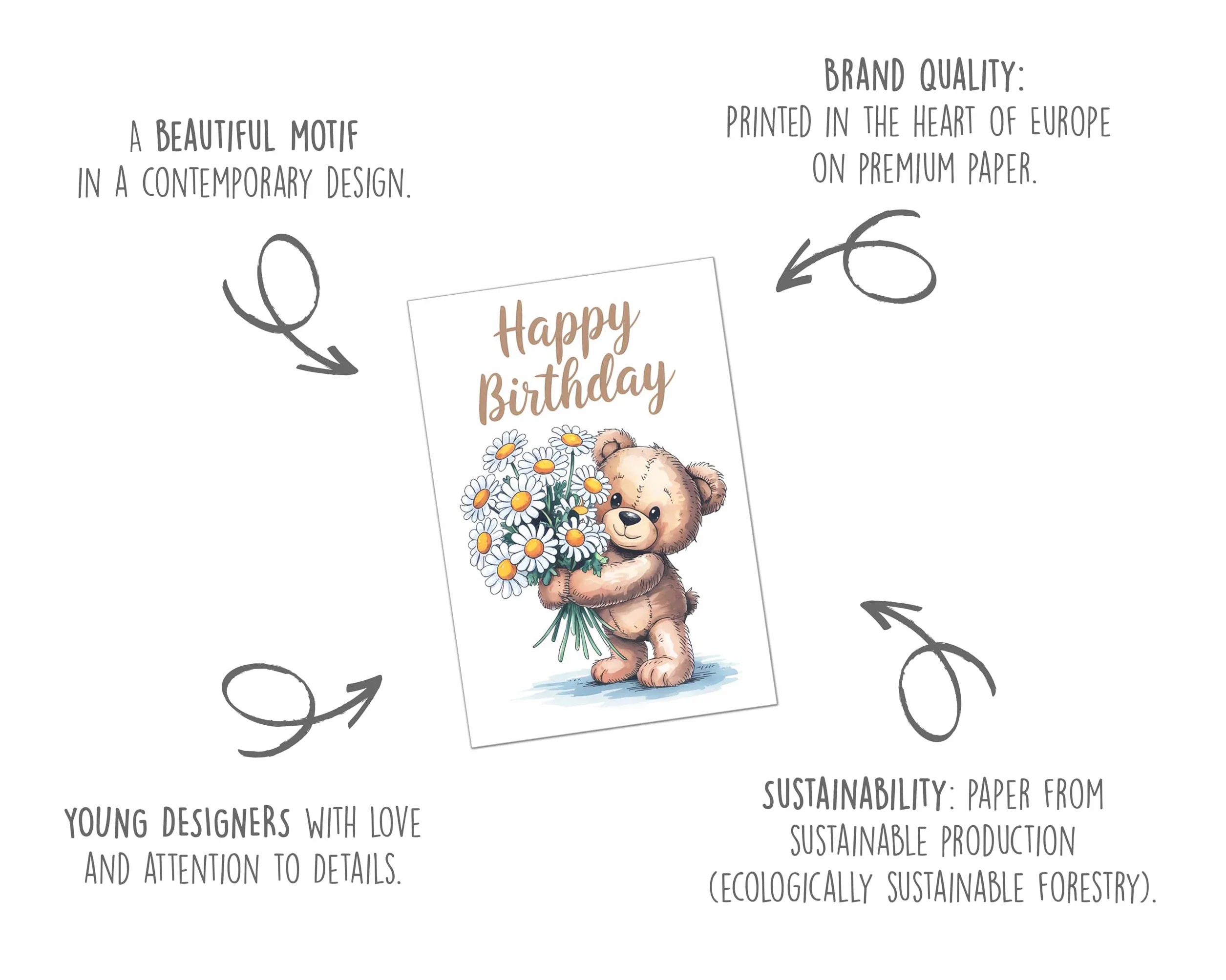 Edition Seidel Kartka urodzinowa premium z kopertą. Kartka z życzeniami kartka urodzinowa Happy Birthday, mężczyzna, żona, przyjaciel, kwiaty, miś (G3800 SW025)
