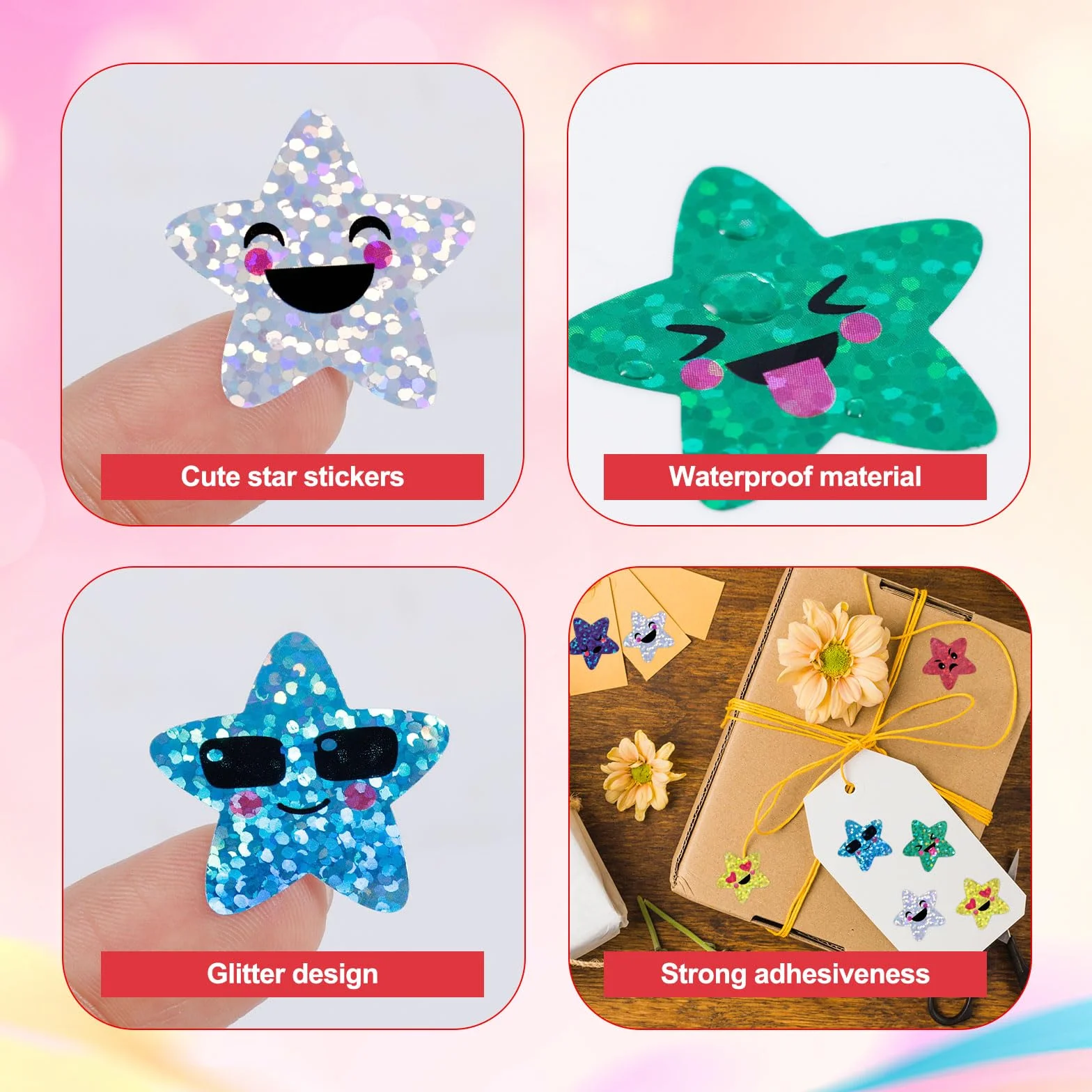 500szt Brokatowe Naklejki z Usmiechnietymi Gwiazdkami, 2,5cm Holograficzna Rolka Naklejek z Gwiazdkami Naklejki z Foliowymi Gwiazdkami do Nagród w Klasie Prac Uczniów Dzieci Nauczycieli