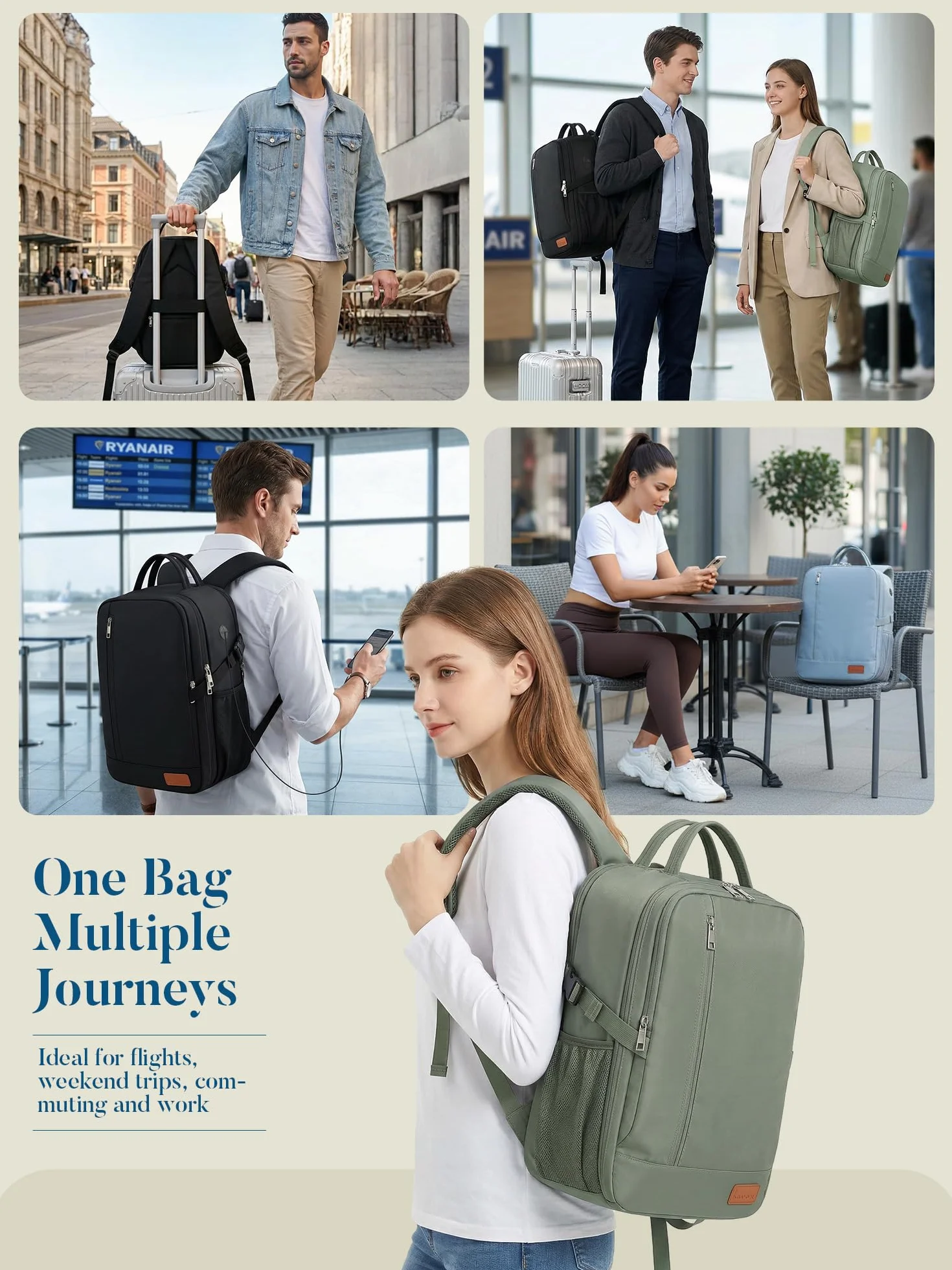 Lossga Bagaż Podręczny 40x30x15, 18L Plecak Podróżny Antykradzieżowy Wodoodporny Męski i Damski do Ryanair, Eurowings, Wizz Air, Vueling, Torba Kabinowa na Siedzenie, Pasuje Do Laptopa 14 Cali