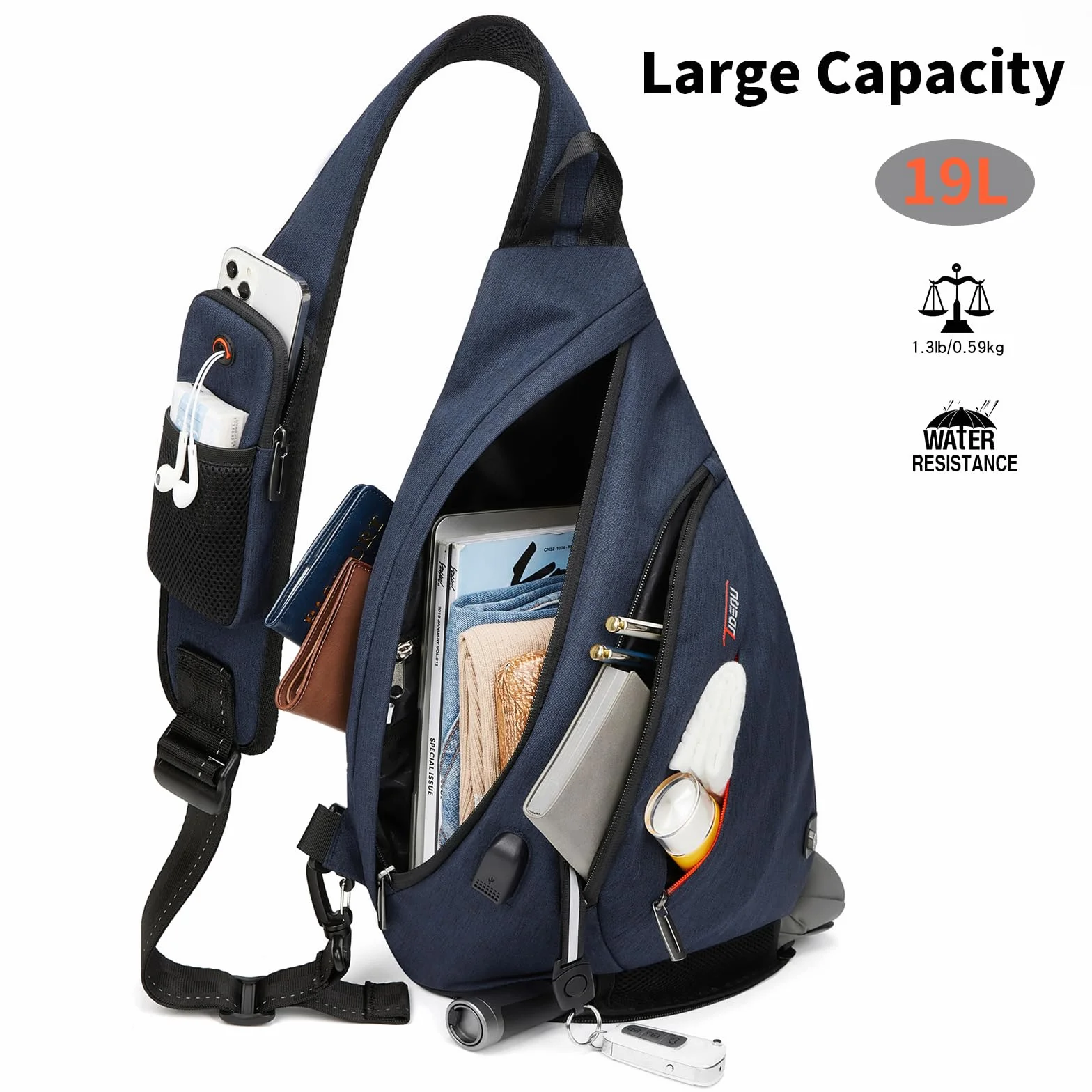 TUDEQU Torby na ramię dla mężczyzn, 8 kieszeni plecak na jedno ramię duży 19 l, crossbody, pojedynczy pasek, czarny, podróże, wędrówki, kobiety, 8-ciemnoniebieski, L, Plecak turystyczny