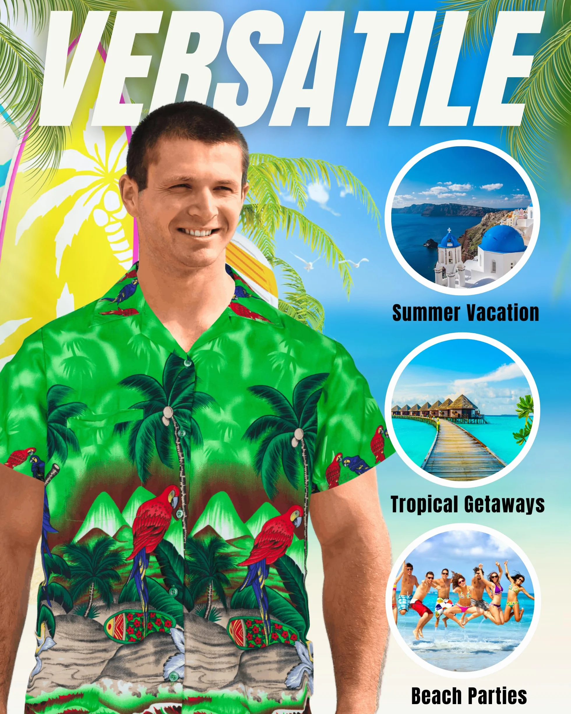 REDSTAR Hawaiian Shirts for Men a Short Sleeve Button Down Mens Shirt - Parrot and Palm Tree Beach Tropical - Mens Summer Dress