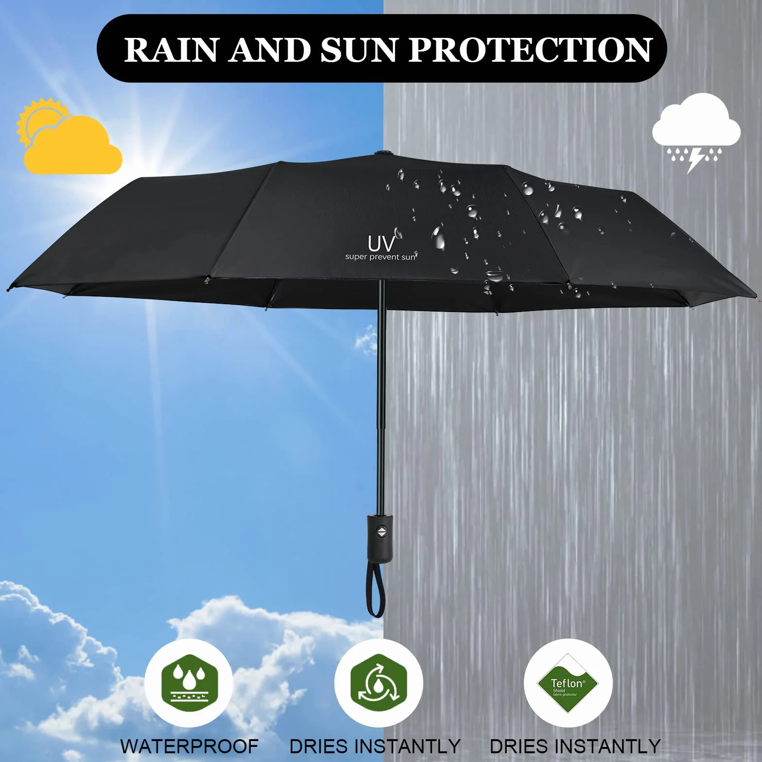 Parasol Vicloon, parasol składany, automatyczny otwierany-zamykacz, parasol odporny na burze, powłoka teflonowa 210T, lekki, mocny, dla mężczyzn i kobiet (Elegancki Czarny)
