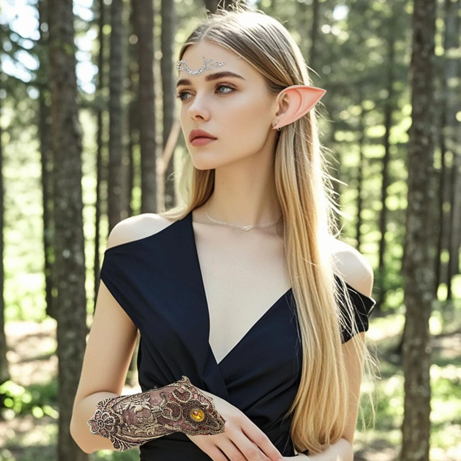Zestaw elfi - diadema księżycowa, złote rękawiczki, vintage rękawiczki z koronką, uszy elfów, długie i krótkie uszy aniołków, do Cosplay, karnawału, Halloween
