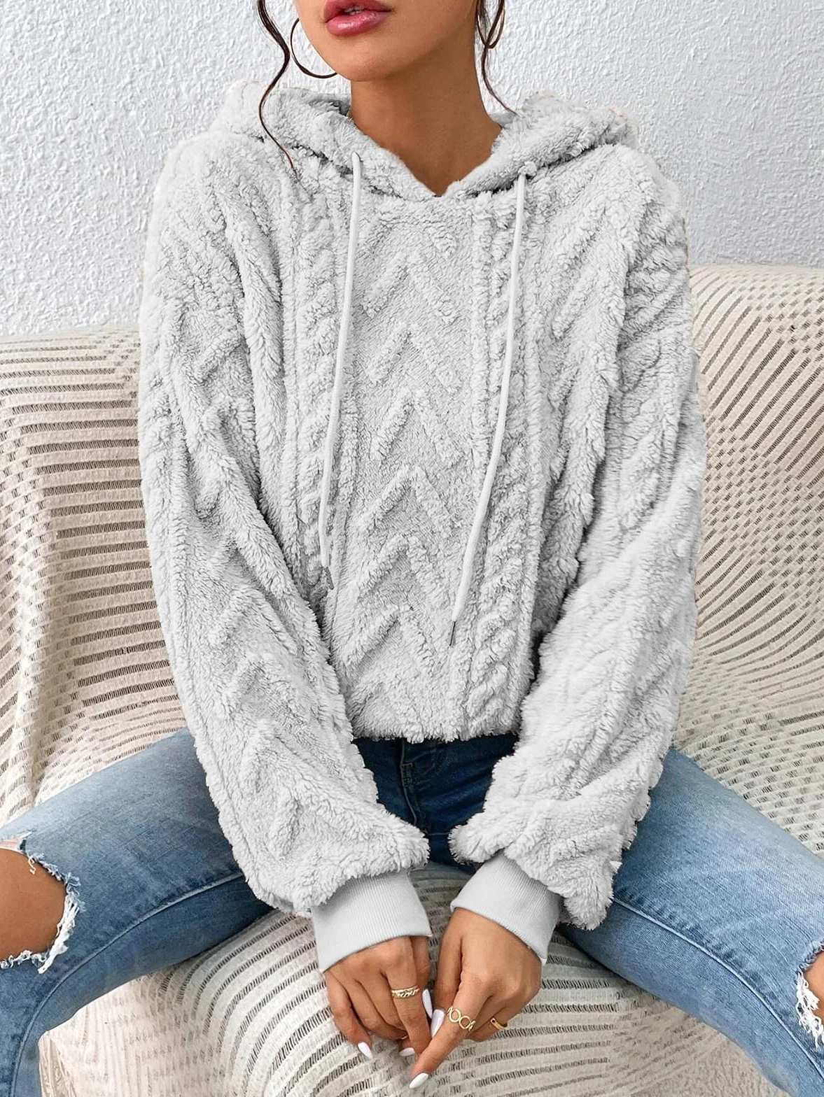 Damska bluza z kapturem Teddy polarowa bluza z kapturem żakardowy pulower ze sznurkiem ciepły puszysty top na co dzień jednolity kolor sweter