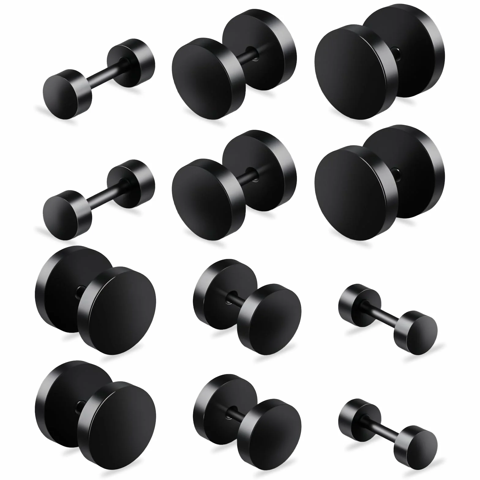 6 par czarnych kolczyków typu stud dla mężczyzn i kobiet, kolczyki ze stali nierdzewnej do uszu, imitacja tuneli, kolczyki kropki 4-10mm okrągłe kolczyki do uszu