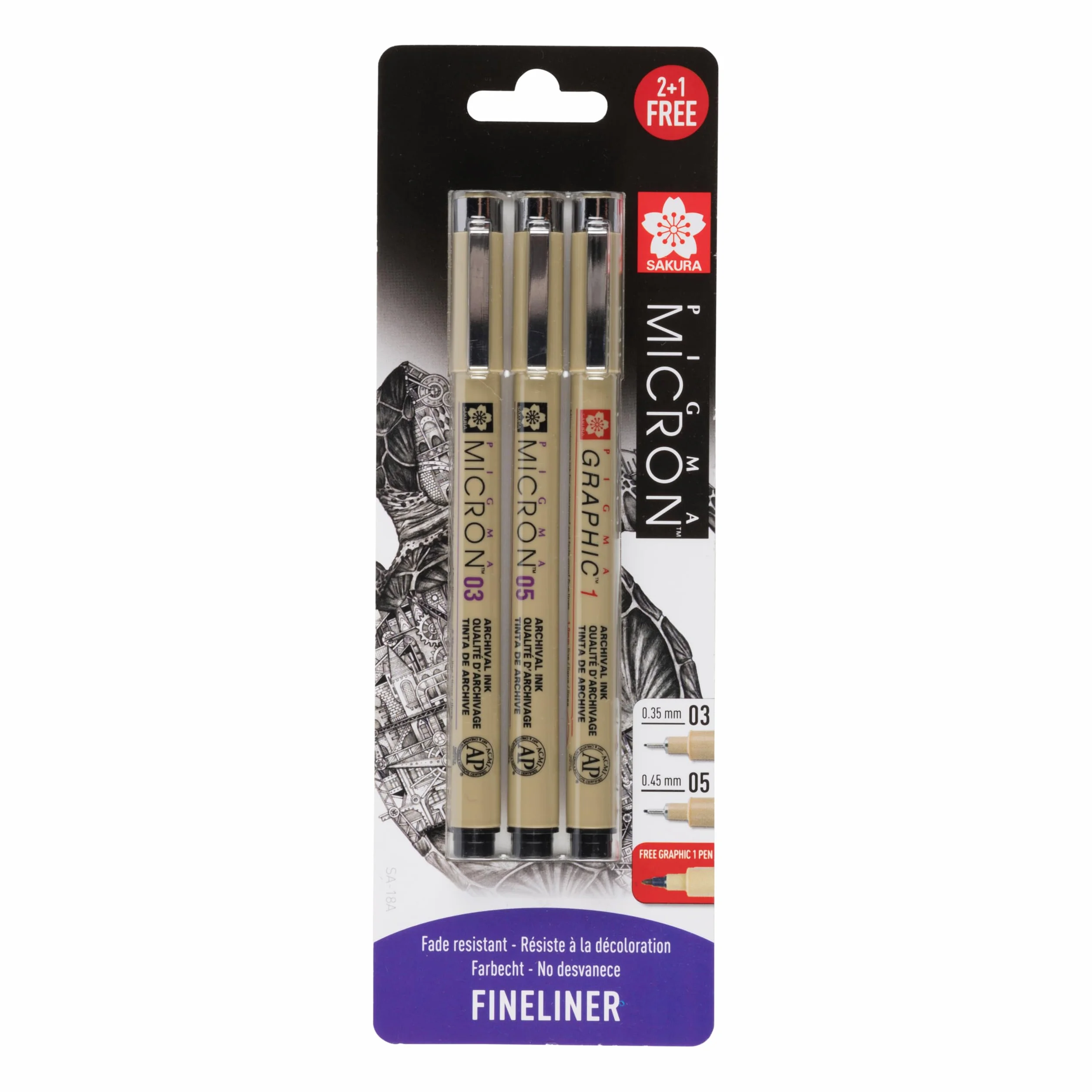 SAKURA Pigma Micron zestaw 3 blistrów, rozmiar 03, 05 i Graphic 1, BLXSDK3CS, czarny, 3 długopisy