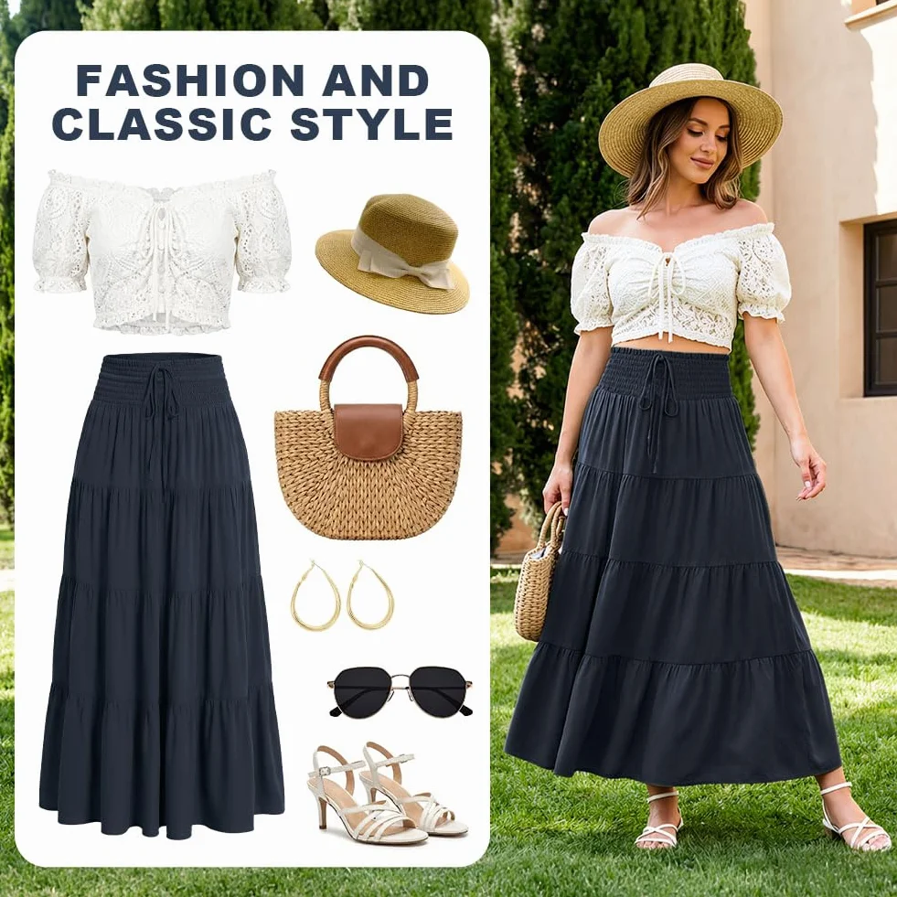Długie spódnice dla kobiet, zwiewna, elastyczna talia, plisowane spódnice o linii A, ze sznurkiem, na co dzień, wygodna, boho, damska, 5 cm, 1, spódnica maxi z wysokim stanem, na plażę, na co