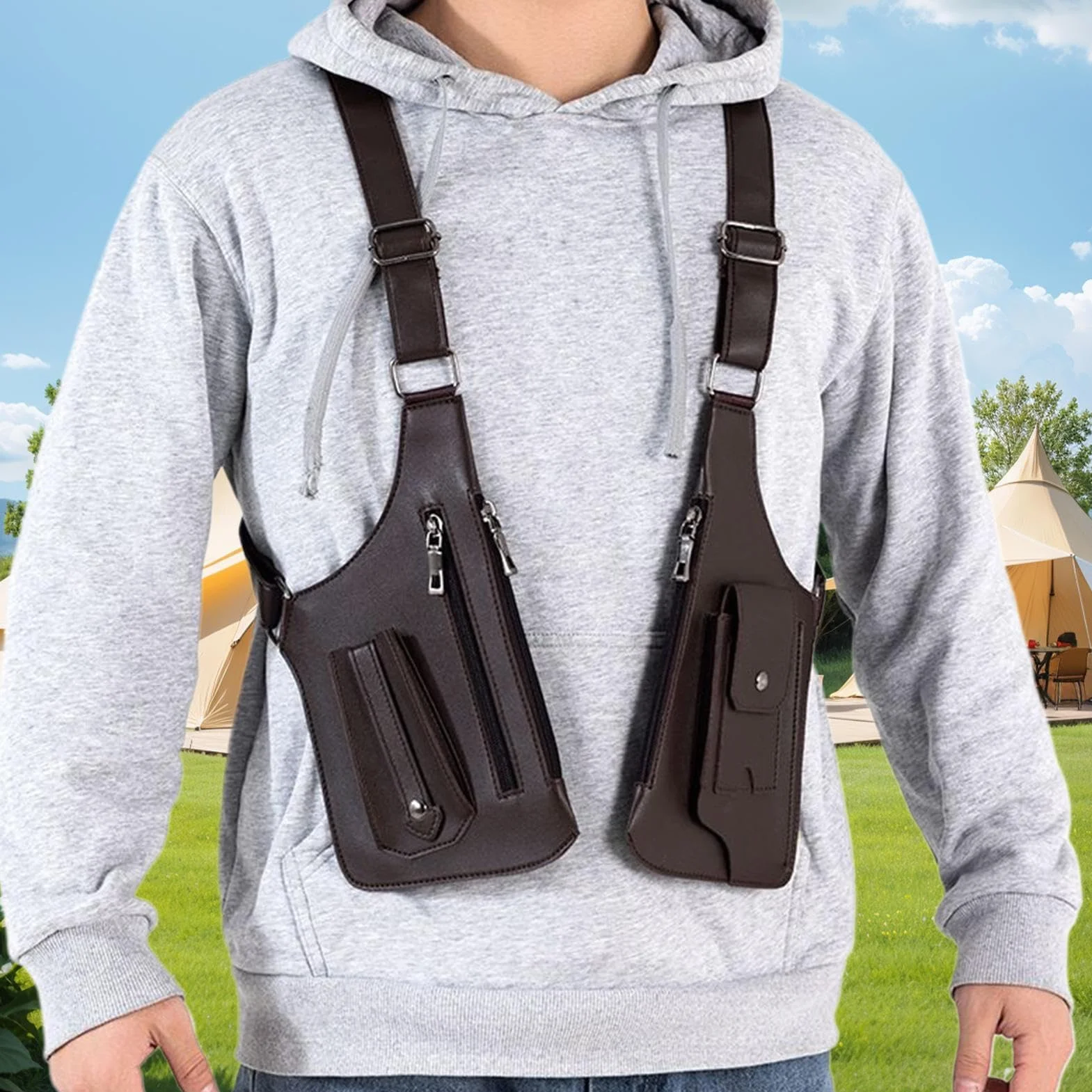 Adjustable Underarm Shoulder Bag - Waterproof Chest Vest Pack for Everyday Carry | Oxford Fabric with Multiple Hidden Pockets, Anti-Theft Double Shoulder Organizer for Travel, 27.5x15.5cm Black Brown