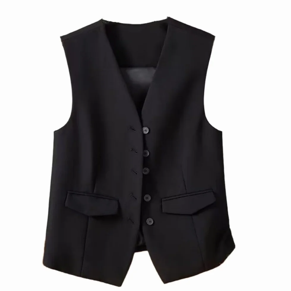 Damska kamizelka bez rękawów Blazer, elegancka smukła biurowa kamizelka płaszcz Retro Party kamizelka, V-hals kamizelka, czarny, L