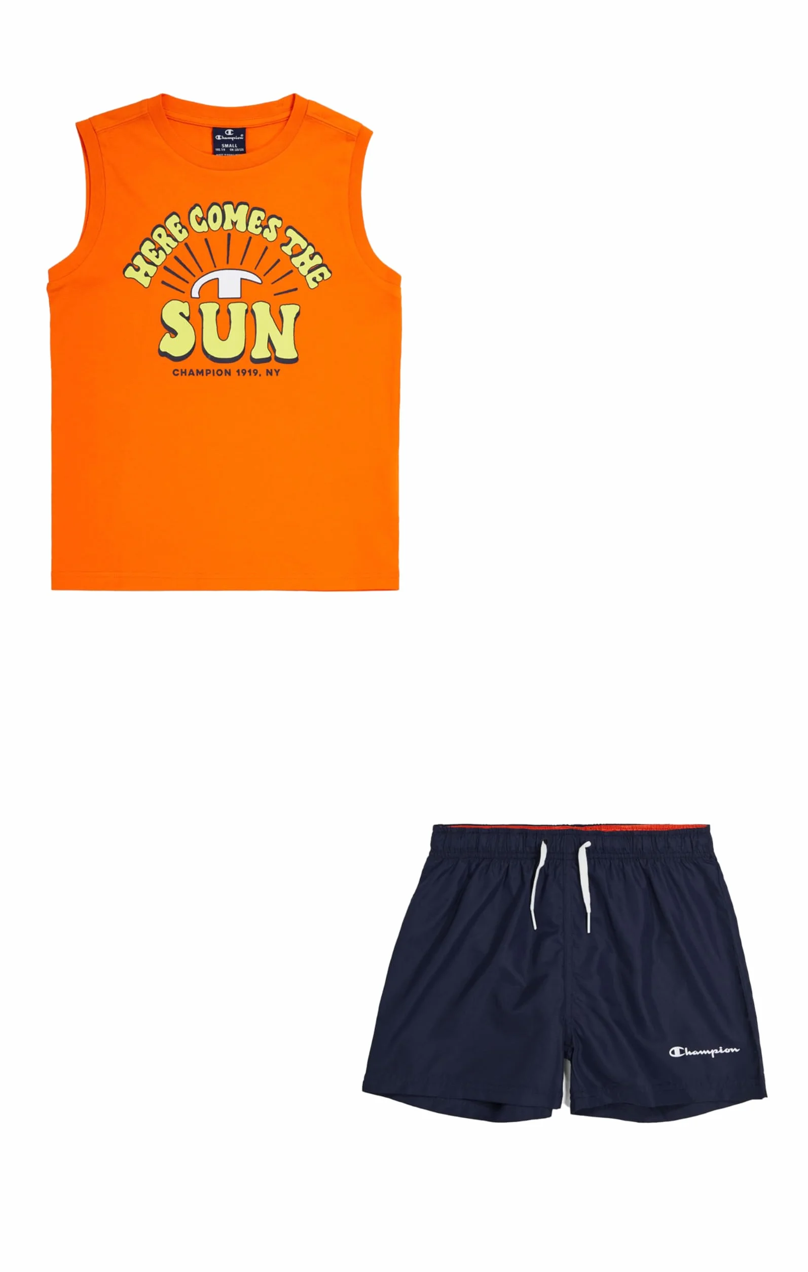 Champion Legacy Back To The Beach B - Graphic Crewneck Tank & WR Shorts Kompletny, Pomarańczowy/Granatowy (marynarski), 3-4 lata) Dla dzieci i młodzieży SS24, Pomarańczowy/Granatowy