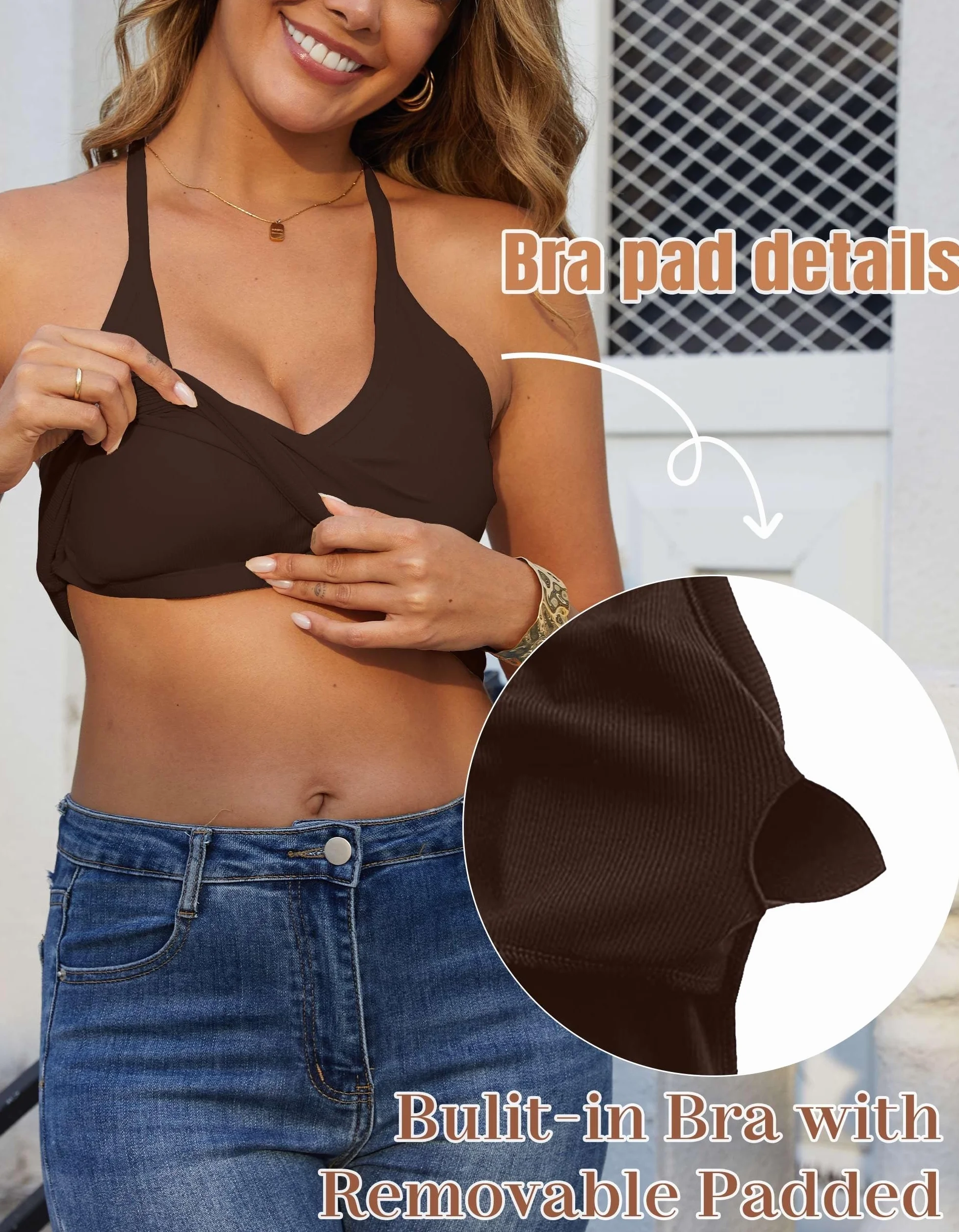 Yutdeng Damski tank top z dekoltem w serek, seksowny top bez rękawów, krój slim fit, wyściełany, basic, na lato, prążkowany, spaghetti, podkoszulek jednokolorowy
