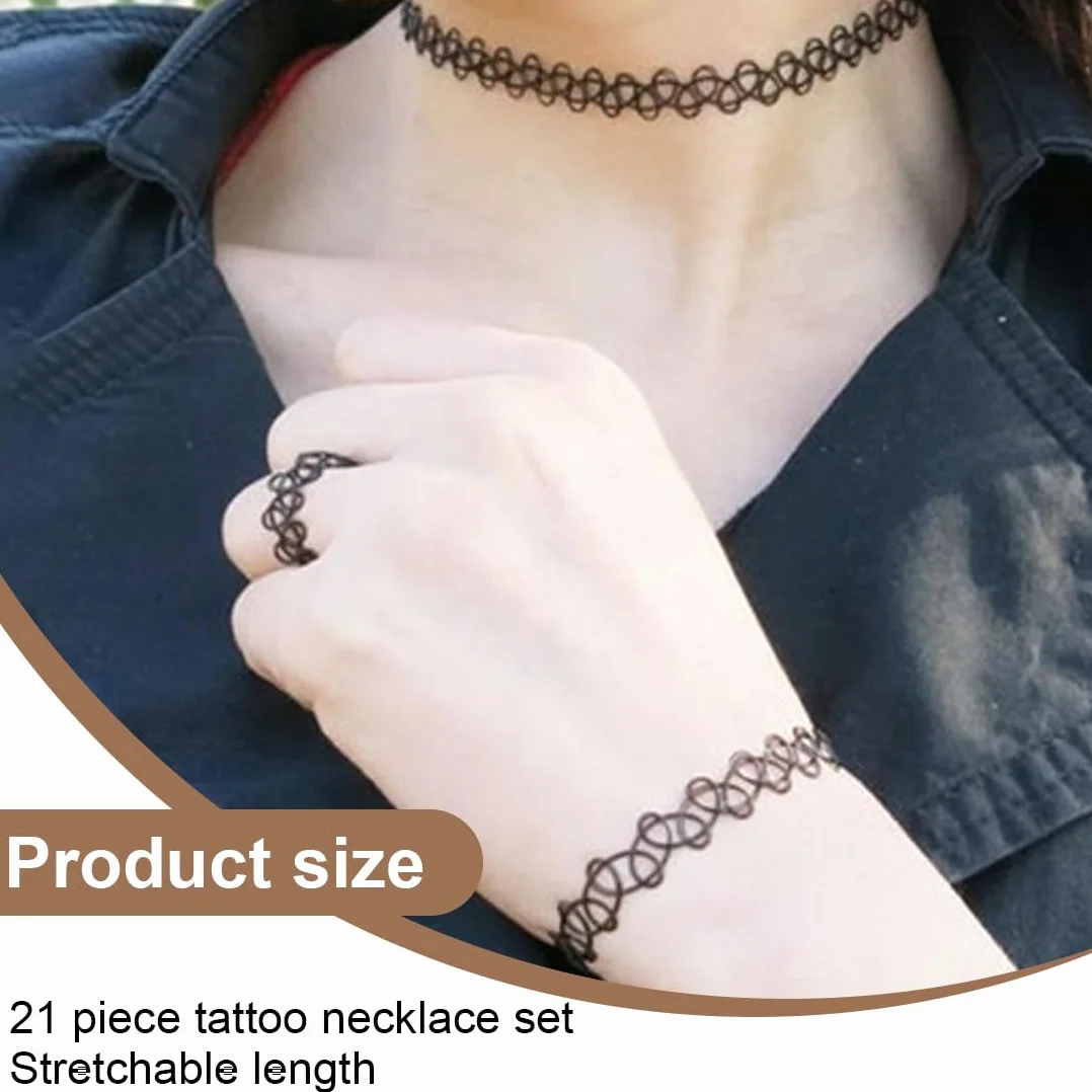 21 szt. naszyjników typu choker do tatuażu z lat 90. naszyjnik do tatuażu dla dziewcząt i kobiet, akcesoria z lat 90. gotyckich bransoletek, czarne pierścionki, okrągły łańcuszek neonowy