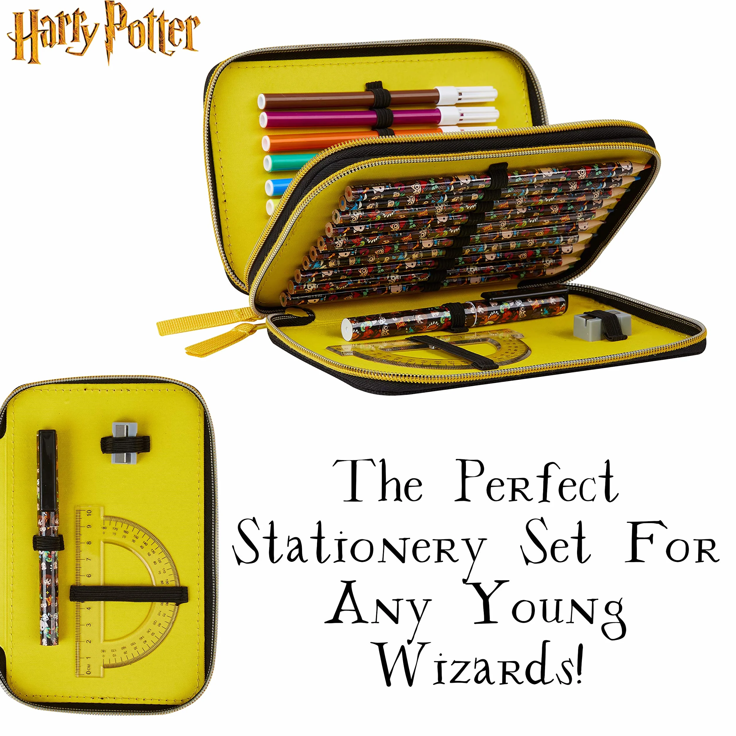 Harry Potter Piórnik dziecięcy z przegródką kolorowe kredki do kolorowania, artykuły szkolne, prezent na powrót do szkoły, Czarny aop, One Size, Nowoczesny