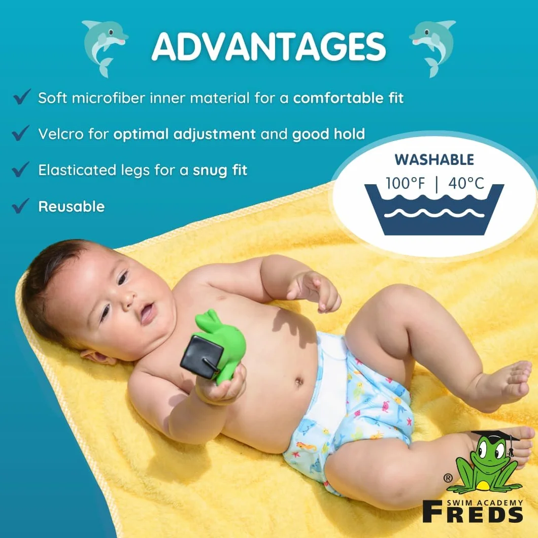 FREDS SWIM ACADEMY Pieluchy do pływania wielokrotnego użytku – Swim Nappy z zapięciem na rzepy, spodnie do pływania dla niemowląt z miękkiego materiału, regulowane i łatwe zakładanie (niebieskie, 1)