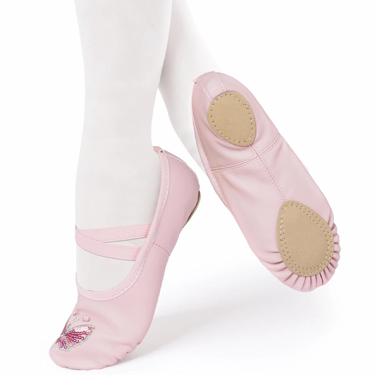 Buty baletowe dla dziewczynek – lekkie buty baletowe ze skórzaną podeszwą, różowe motyle dla dzieci z elastycznymi, skrzyżowanymi paskami, odpowiednie do jogi, baletu, tańca, gimnastyki
