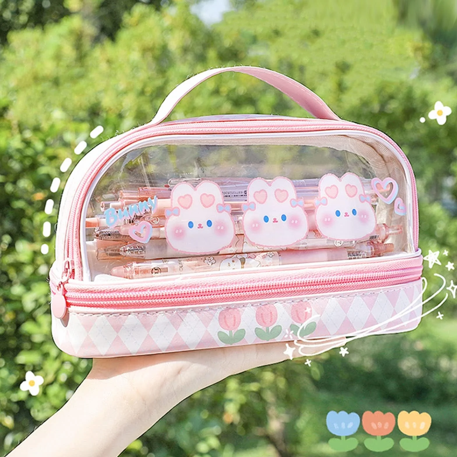 Piórnik z królikiem, uroczy, duża pojemność, różowy, Kawaii, dla dziewcząt, dzieci, nastolatków