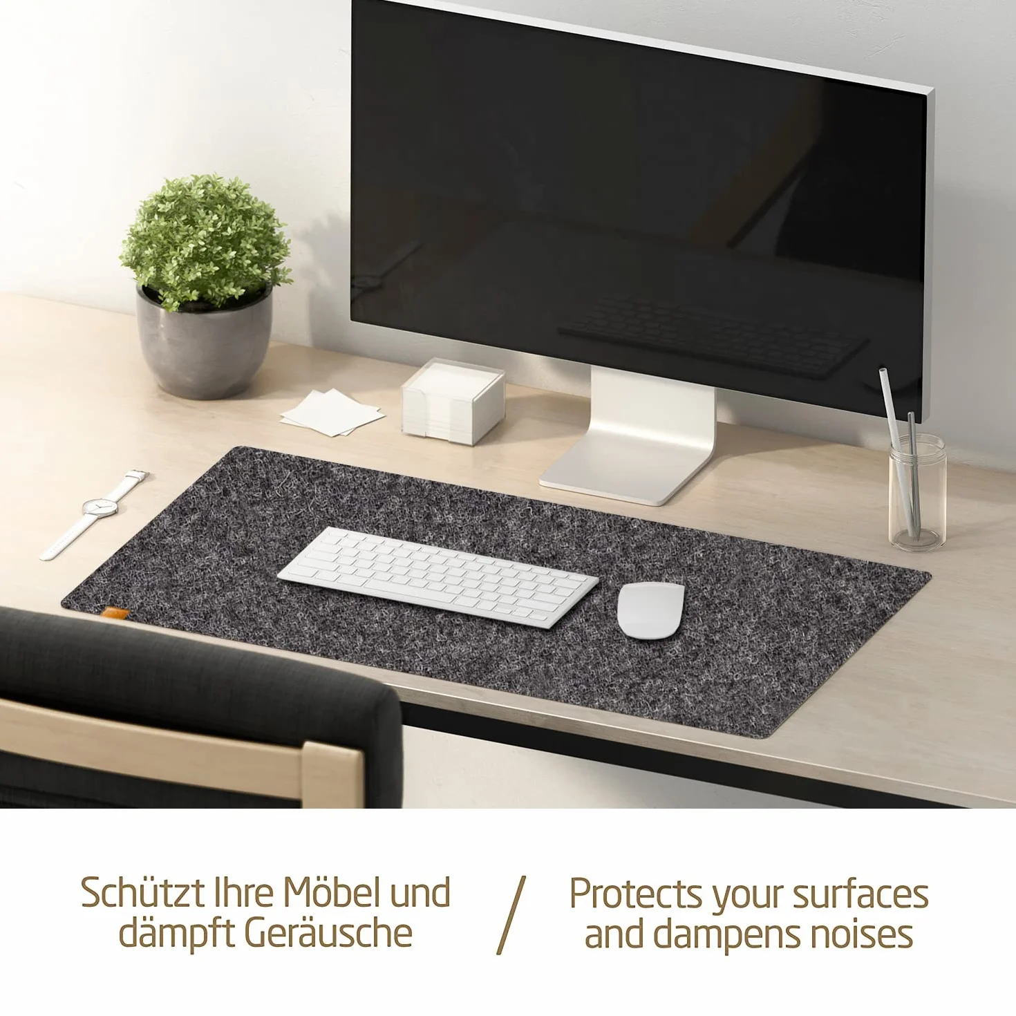 MIQIO® Designerska podkładka na biurko z trwałego filcu, nadaje się do drewnianych stołów, ponieważ bez gumy, certyfikat Oekotex, mata na biurko z butelek PET pochodzących z recyklingu, ciemnoszara